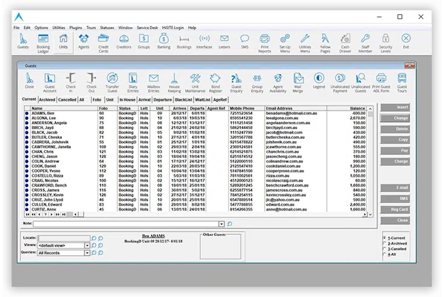 HiRUM guest management screen showing a list of guests with booking details and balances.