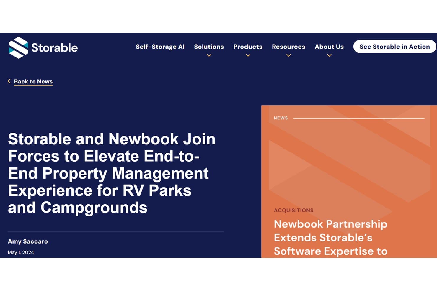 Storable news page announcing partnership with Newbook for RV park management.