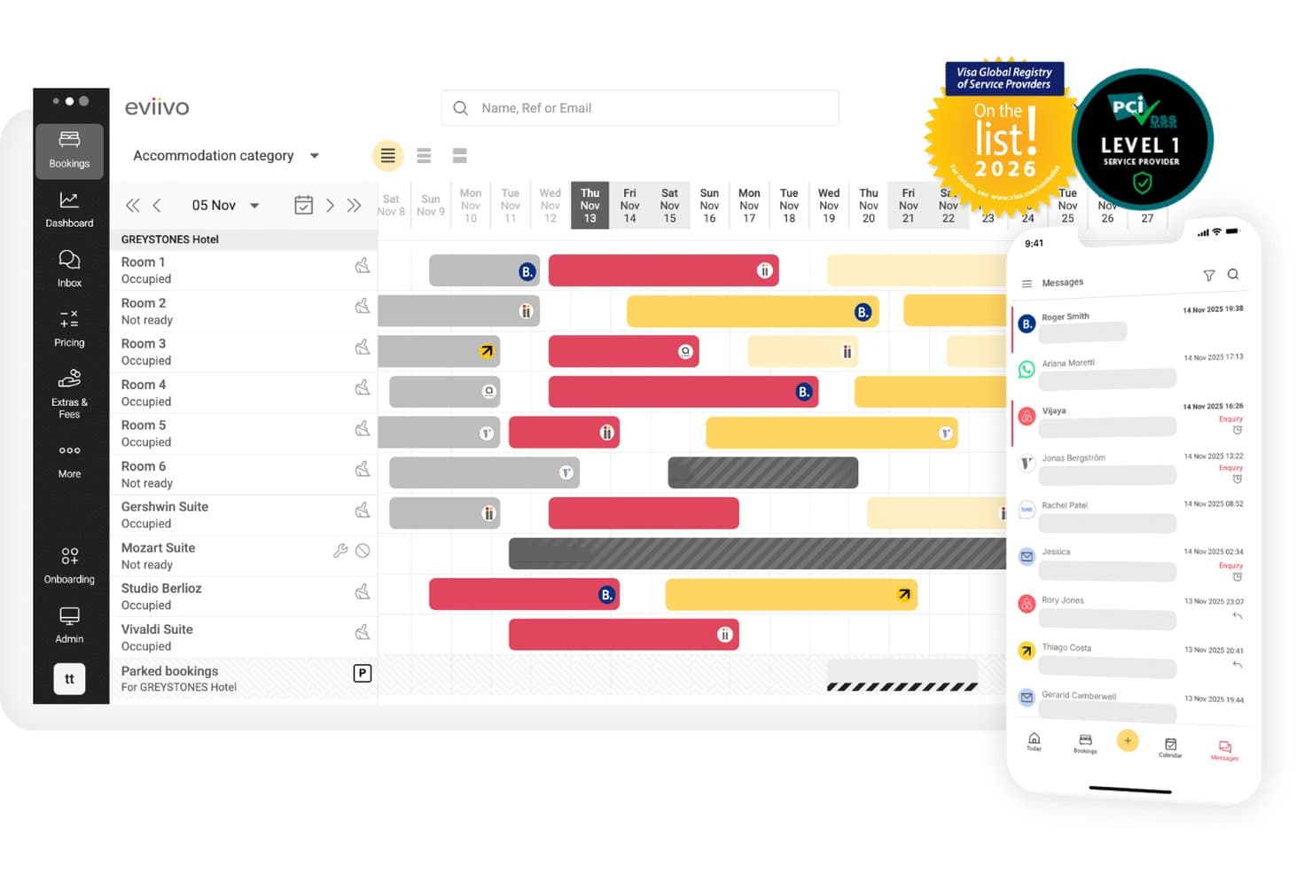 eviivo booking calendar showing room availability and a mobile messages inbox.