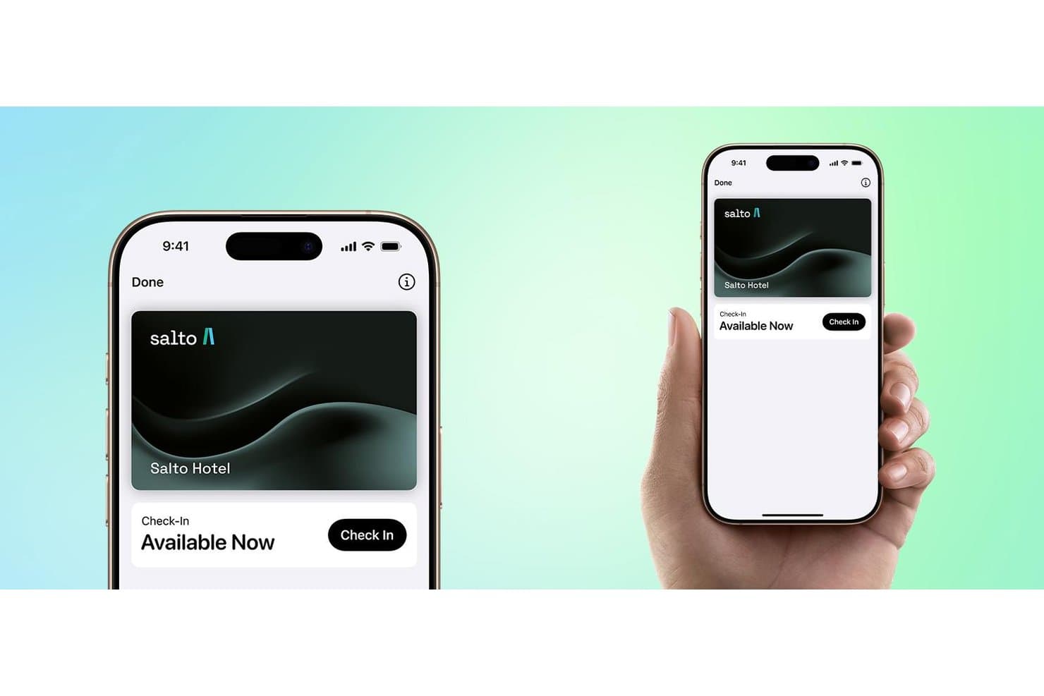 Two iPhones showing Salto Hotel digital key card with Check In button in Apple Wallet.