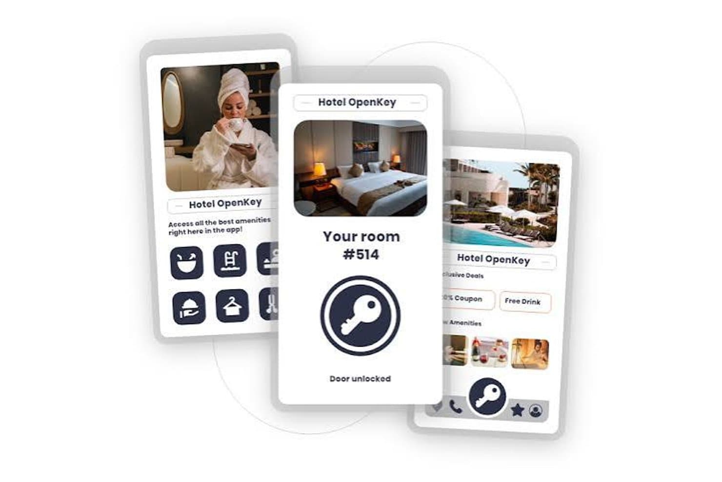 Tre smartphoneskærme, der viser Hotel OpenKey-appen med værelsesnøgle, faciliteter og tilbud.