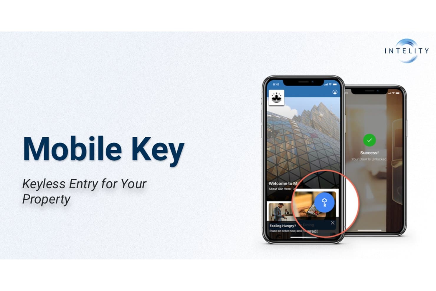 Two smartphones showing a hotel mobile key app and a door unlocked success screen.