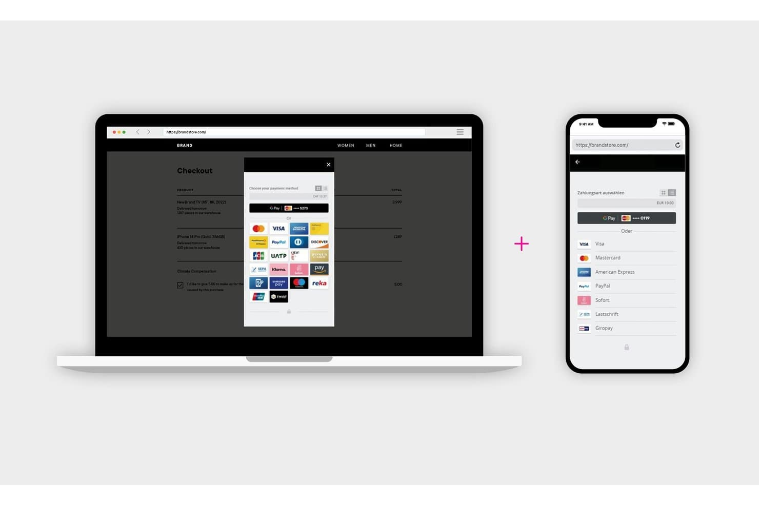 Checkout page showing payment method modal with multiple options on desktop and mobile.