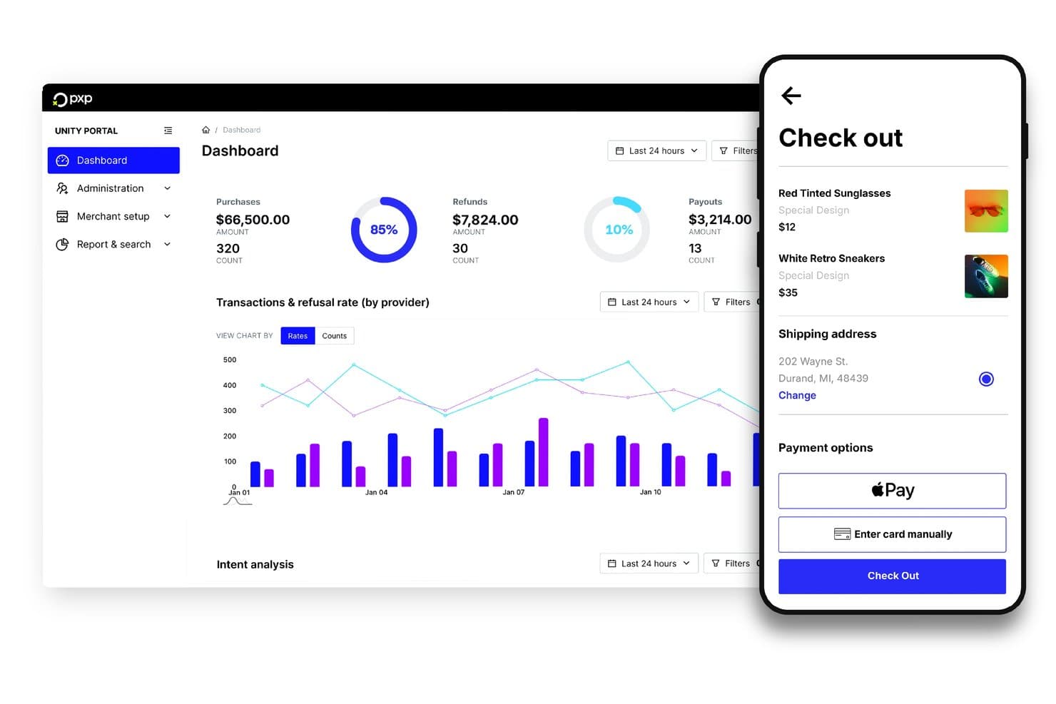 PXP Financial-dashboard med transaktionsstatistik og mobil betalingsskærm, der viser betalingsmuligheder.