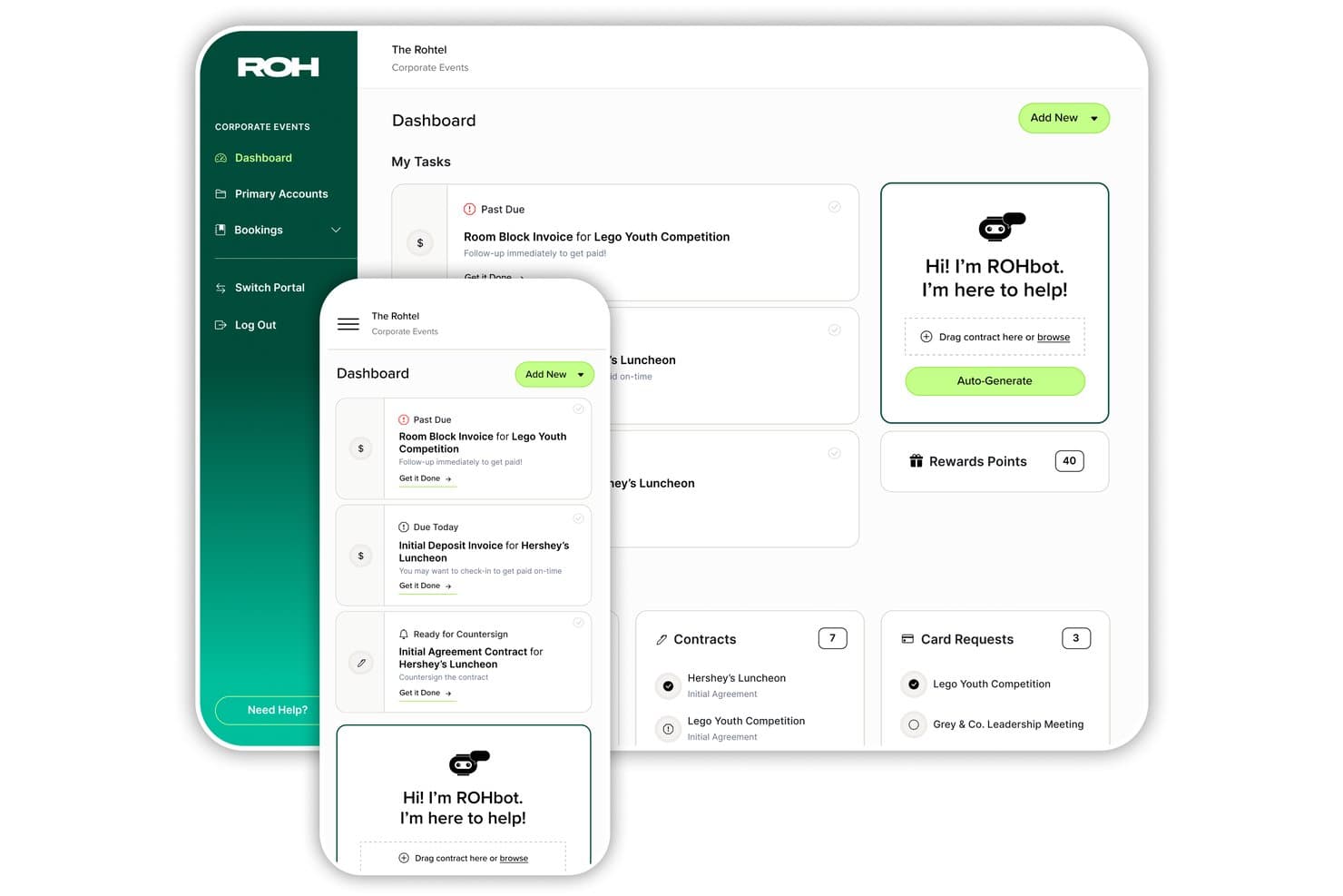 ROH-instrumentbræt, der viser forfaldne fakturaer, kontrakter og ROHbot-assistenten på computer og mobil.