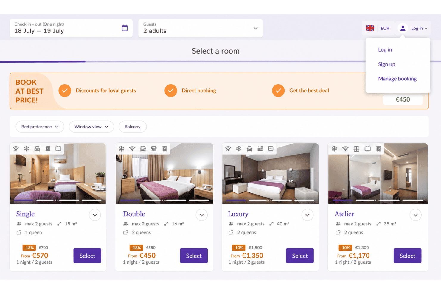 Exely pairs real-time hotel rates with a white-labeled booking widget, abandoned booking recovery, exit-intent offers, and loyalty rewards.