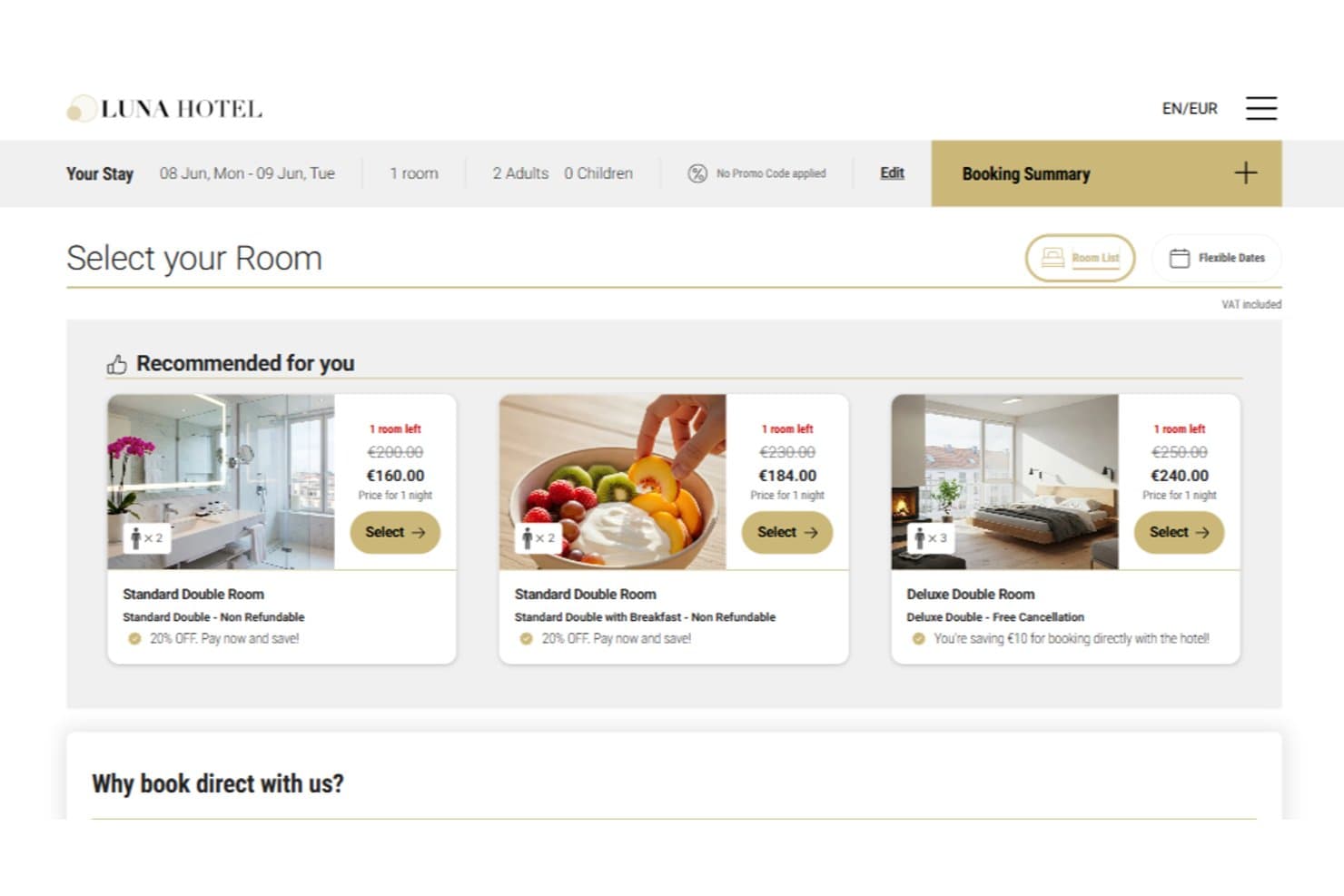Bookassist hotel booking engine showing room selection page with three room options and prices.