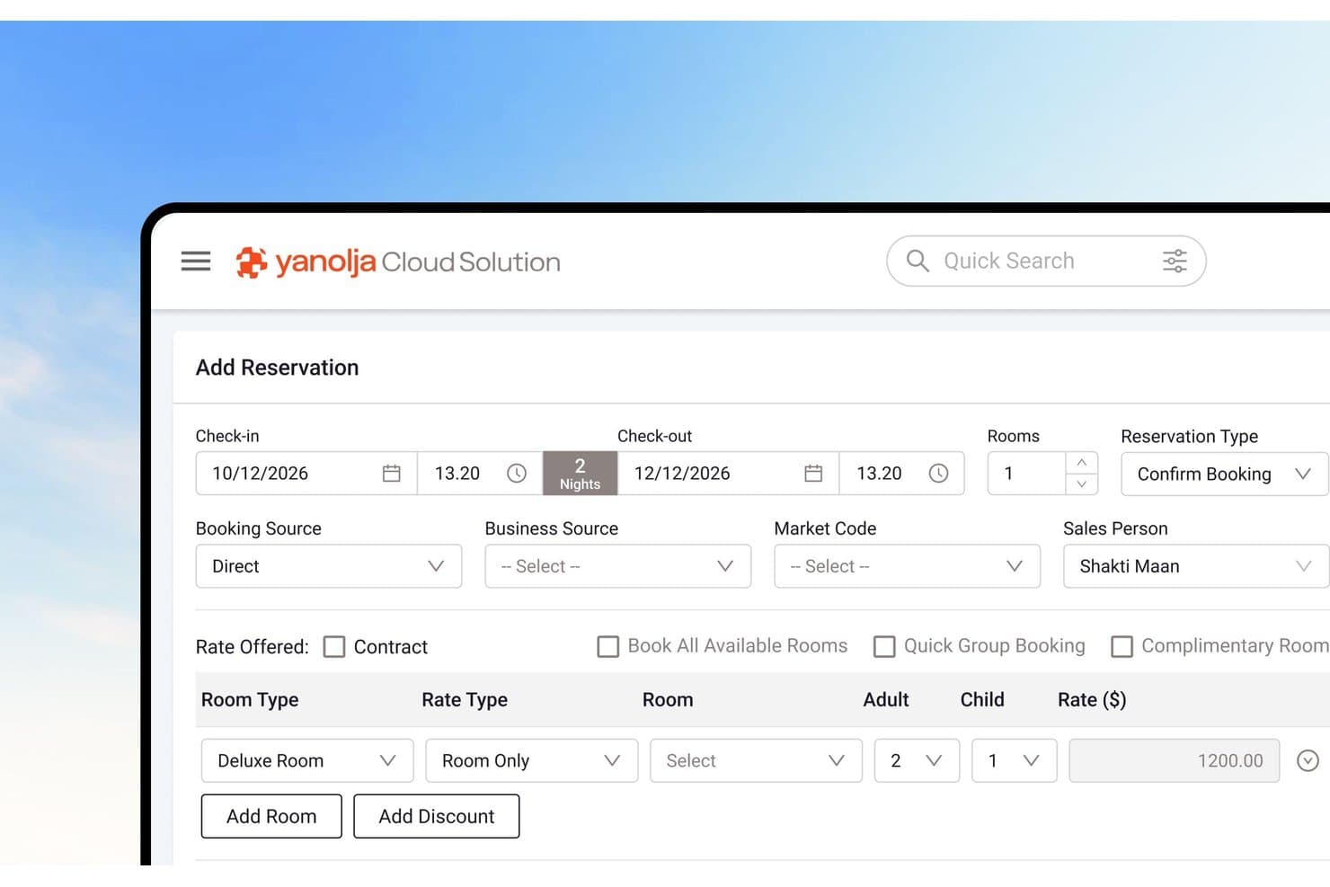 Yanolja Cloud Solution-formularen Tilføj reservation med felter til værelsestype, datoer og priser.