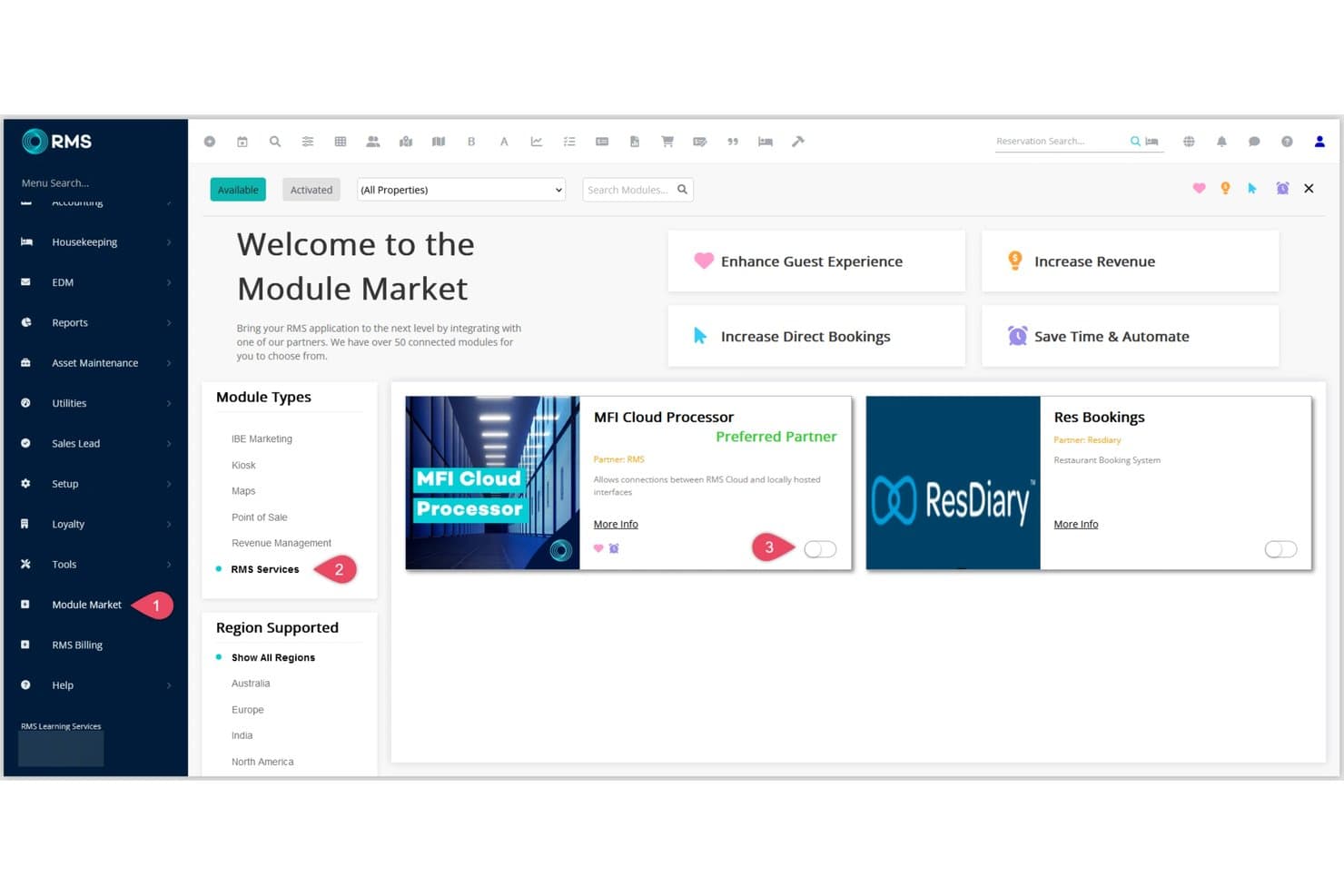 RMS Cloud Module Market dashboard showing available integration modules and categories.