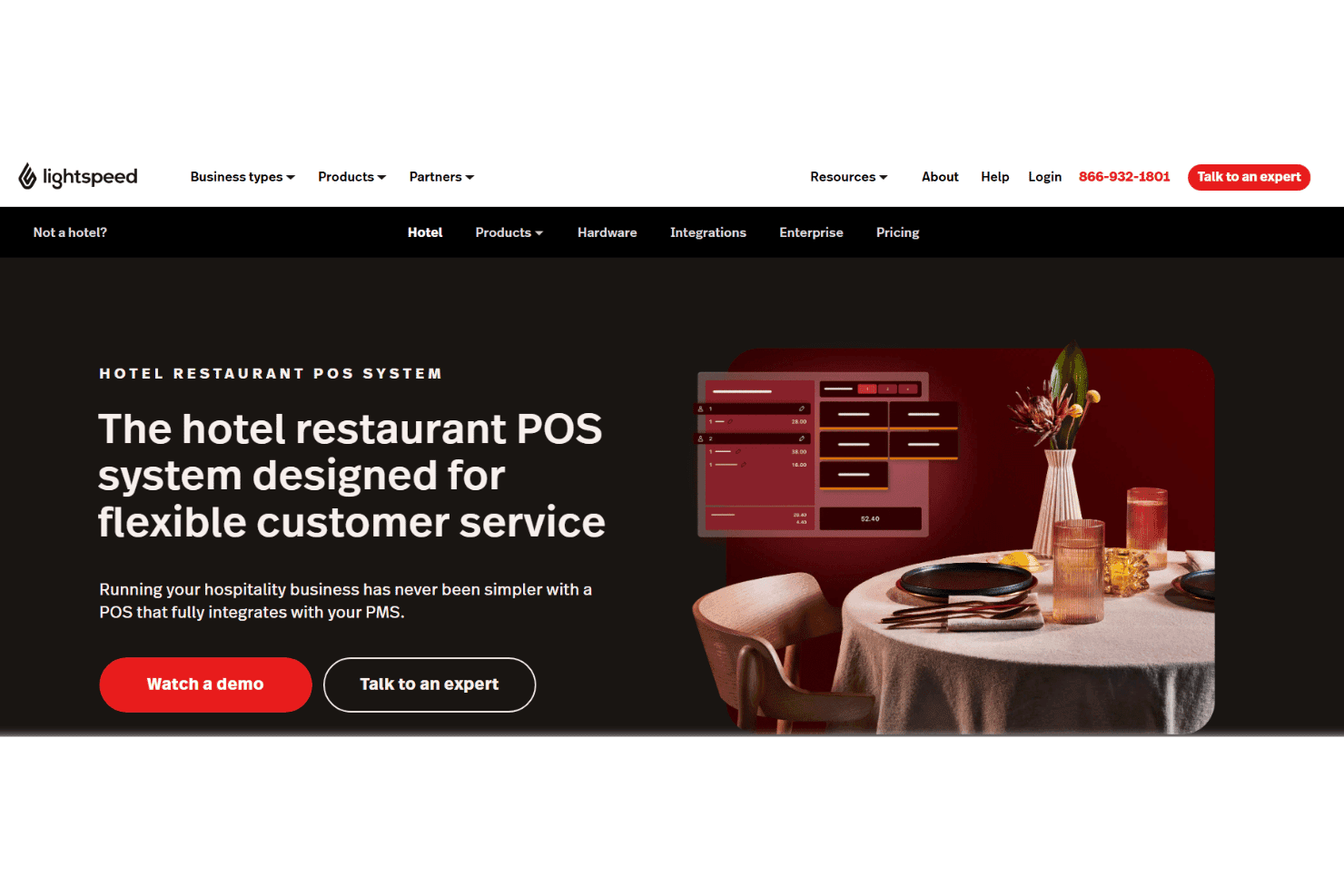 Lightspeed Restaurant gestiona el F&B hotelero con gestión de mesas para múltiples establecimientos, pedidos desde la mesa, distribución a la cocina, seguimiento de ingredientes y registro de cargos en habitaciones mediante PMS.