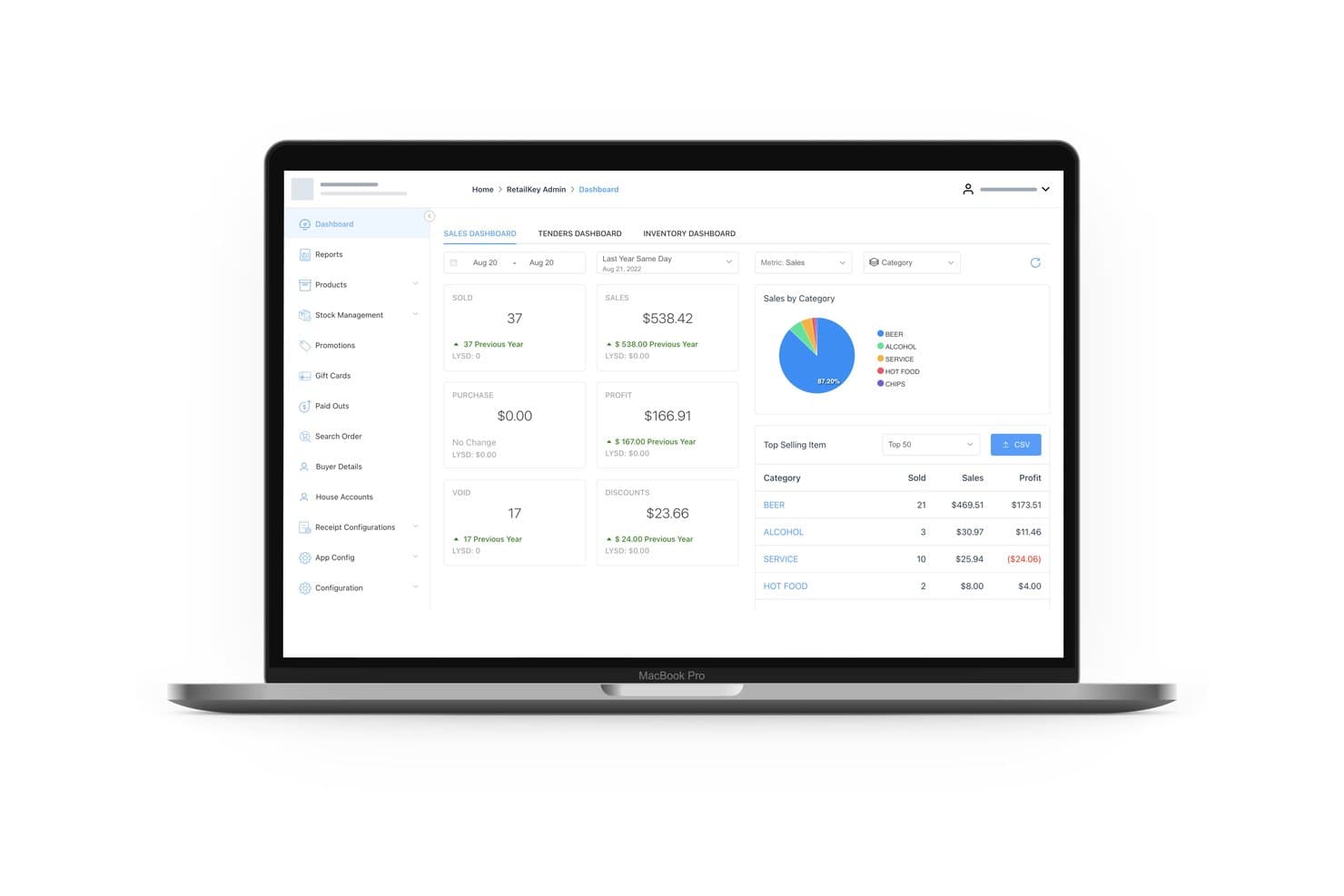 RetailKey gestiona las ventas de F&B, comercio minorista y spa de los hoteles con compatibilidad con múltiples puntos de venta, cargos directos a la habitación e informes centralizados para múltiples propiedades.