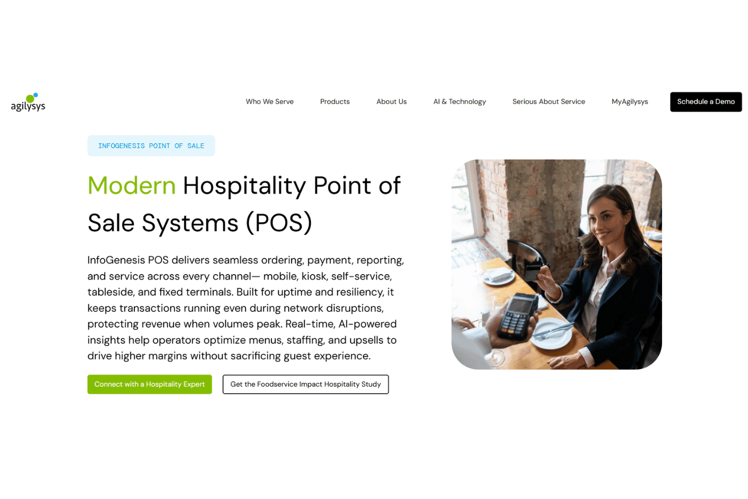 Agilysys InfoGenesis POS gestiona los pedidos de alimentos y bebidas del hotel, los flujos de trabajo de cocina, los quioscos, los pedidos móviles, los pagos, el cálculo de costos de inventario y los informes entre establecimientos.