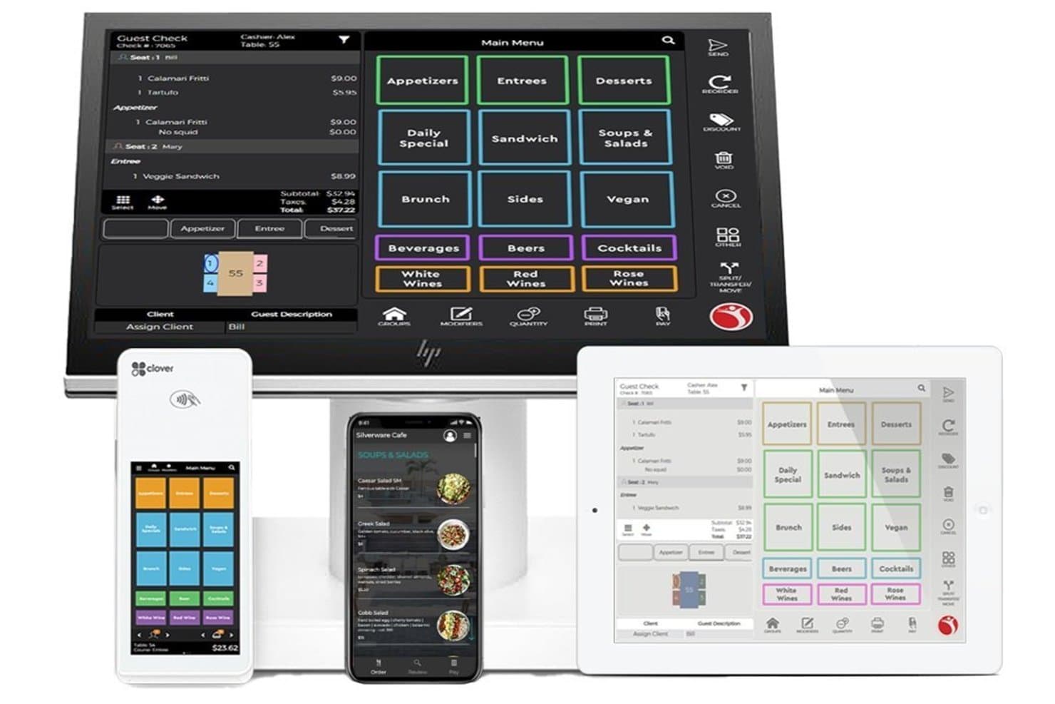 Interfaz de Silverware POS mostrada en un monitor, una tableta y un teléfono móvil con categorías del menú.