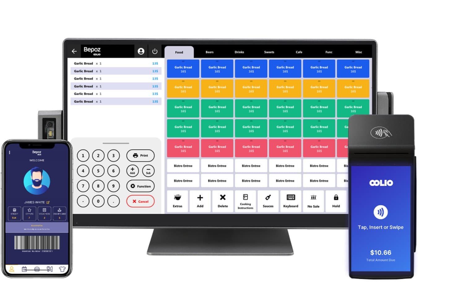 System POS Bepoz z menu na ekranie dotykowym, aplikacją mobilną i terminalem płatniczym.