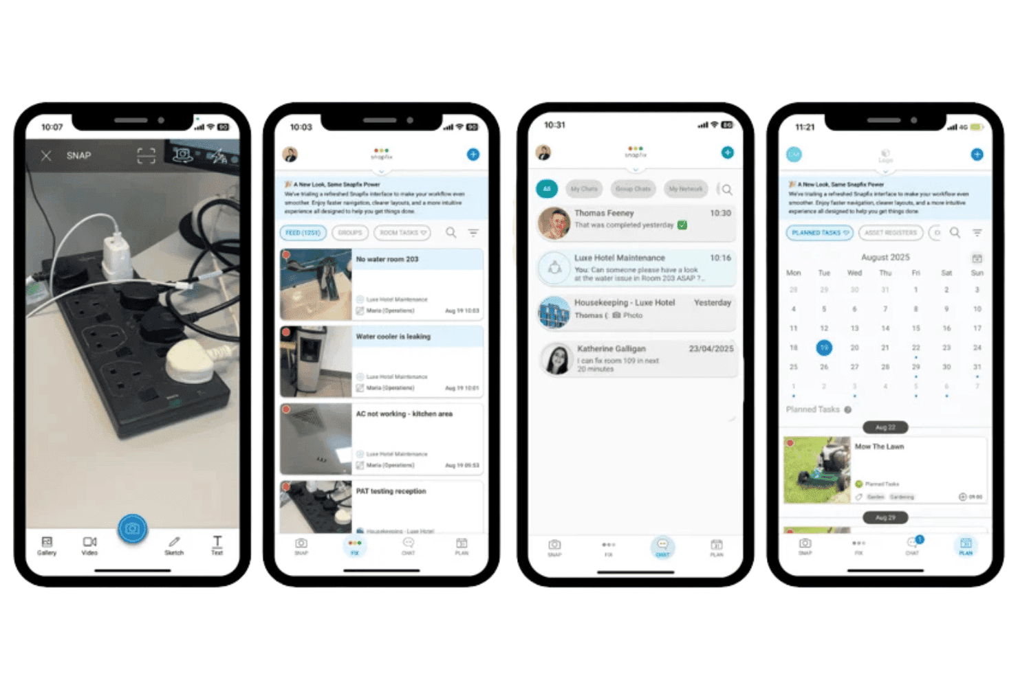 Snapfix ermöglicht es Hotelteams, Wartungsprobleme zu erfassen, Reparaturen zuzuweisen, zu chatten und Aufgaben zu planen.