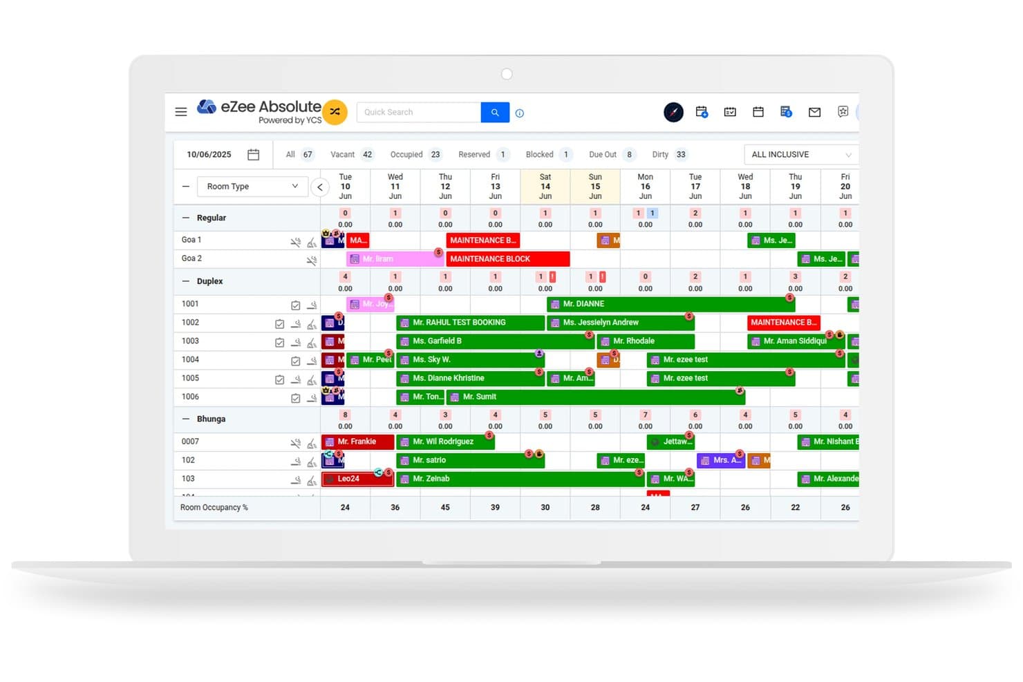 eZee Absolute-hoteladministrationssoftware, der viser en kalender med tidslinjevisning for værelsesbookinger.