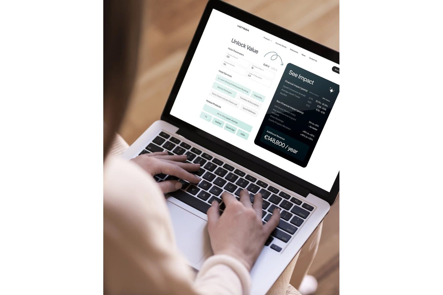 Hoteza Unlock Value calculator showing €148,800/year additional revenue impact panel.