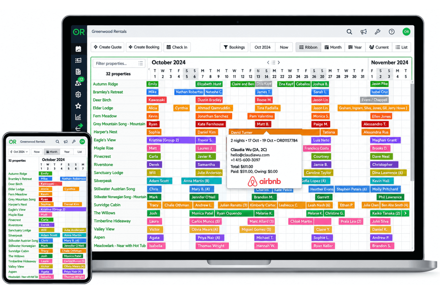 OwnerRez viser en bookingkalender for flere ejendomme med reservationsoplysninger.