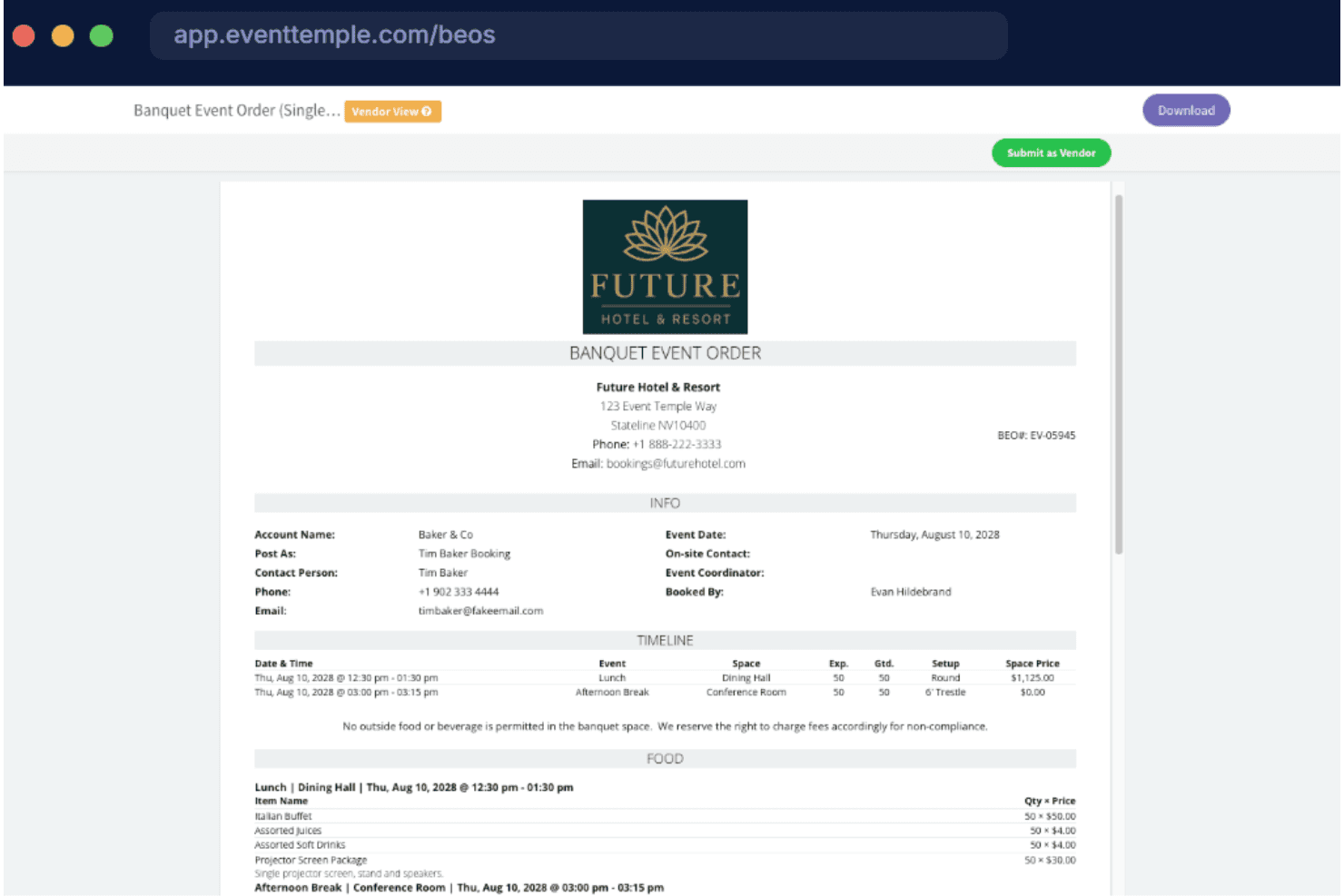 Dokument med banketordre for Future Hotel and Resort vist i en browser.