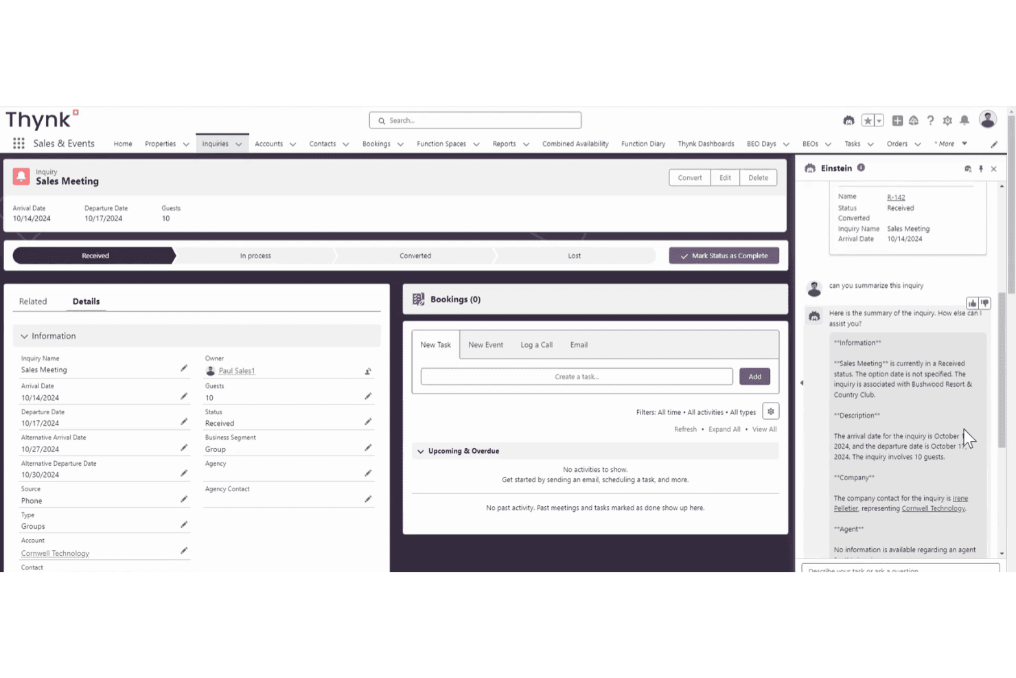 Thynk CRM, der viser en forespørgsel om et salgsmøde med et åbent Einstein AI-opsummeringspanel.