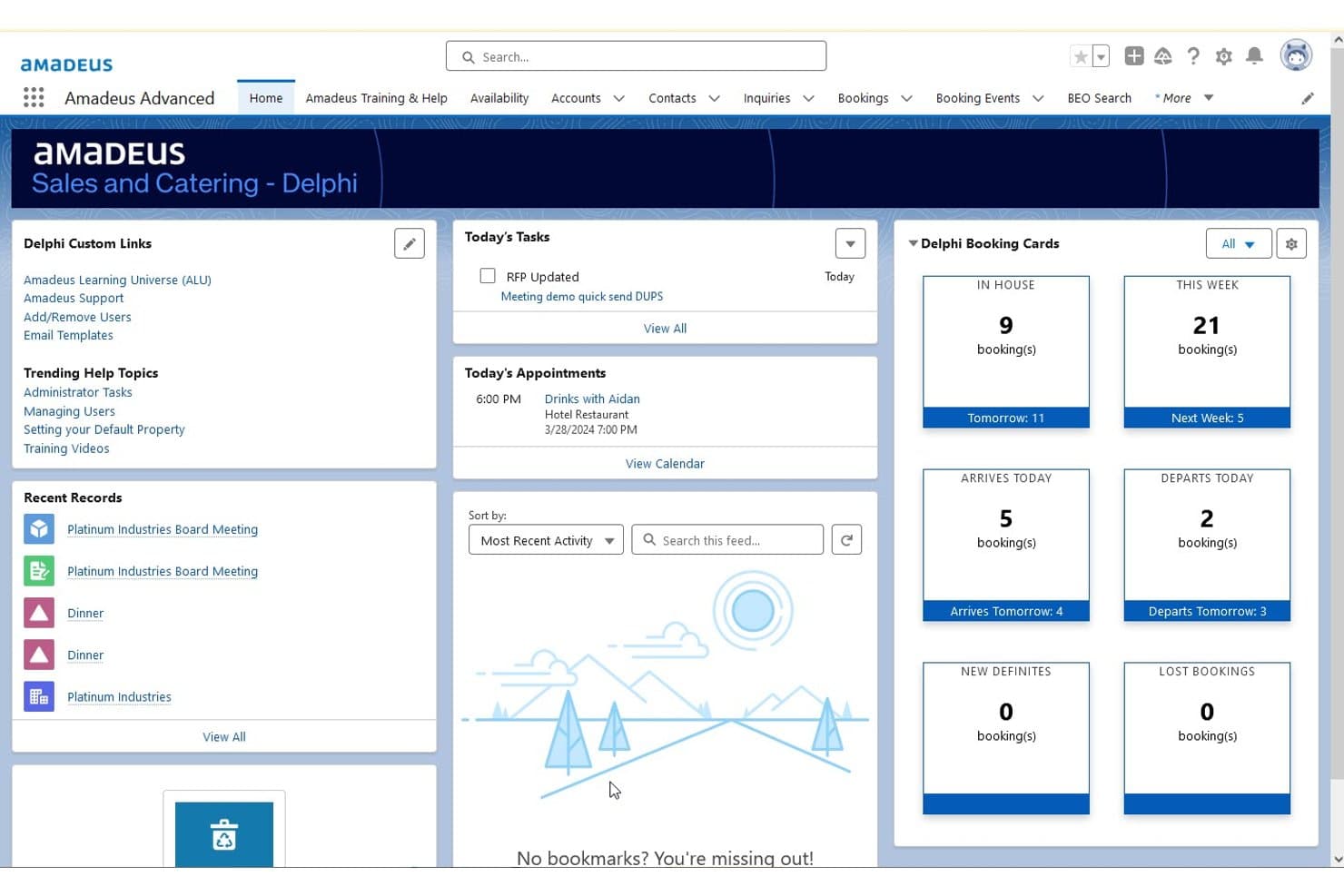 Amadeus Delphi-startdashboard til salg og catering med bookingkort og opgaver.