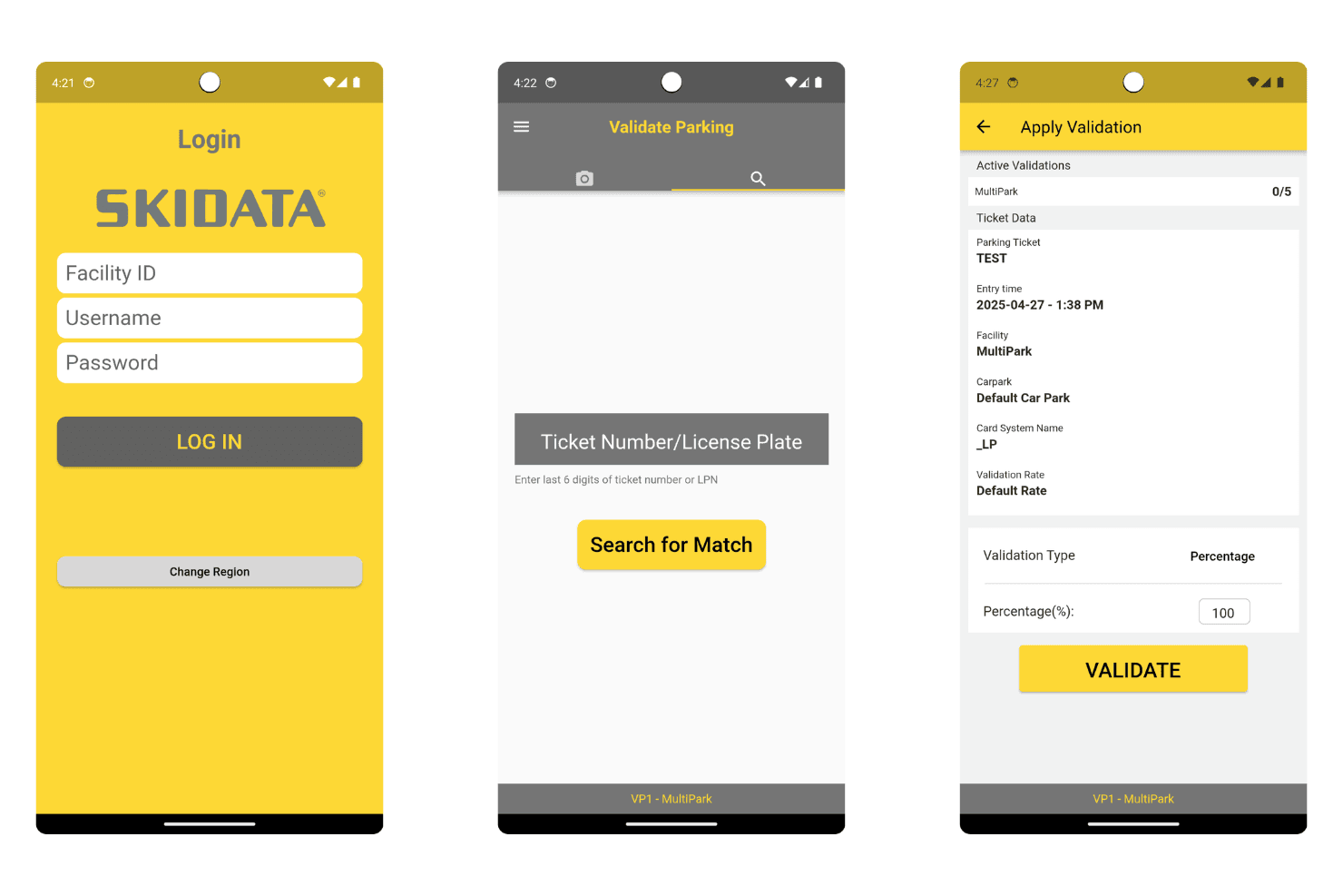 SKIDATA-mobilapp, der viser skærmbilleder til logon, billetsøgning og parkeringsvalidering.