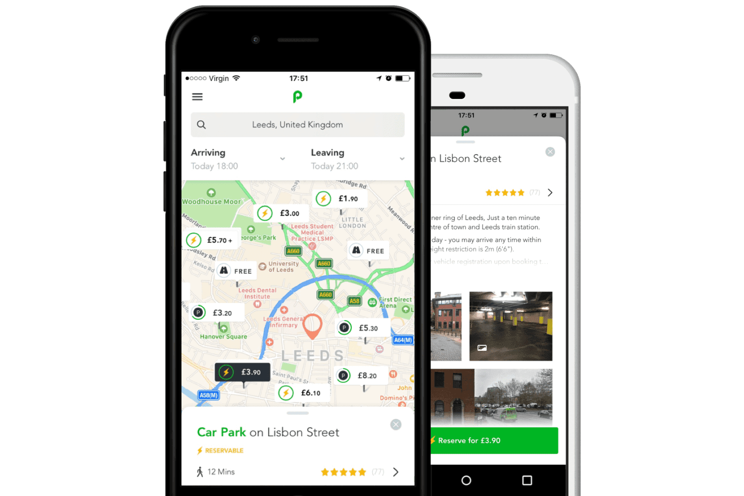 To smartphones, der viser JustPark-appen med et parkeringskort og en bookingskærm i Leeds.