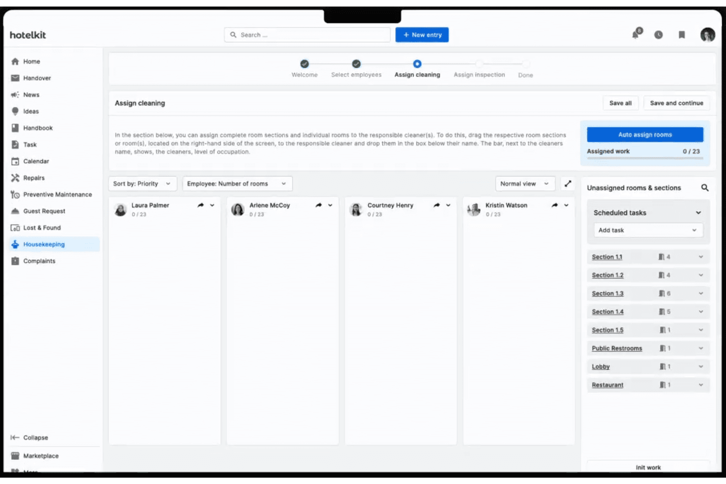 Tableau de bord de l’entretien ménager de hotelkit montrant l’attribution des chambres à quatre agents d’entretien.