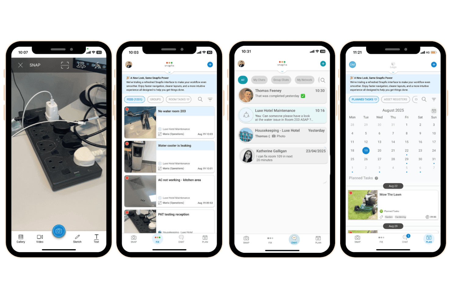 Quatre captures d’écran de l’application Snapfix montrant les fonctionnalités de photographie, de correction, de discussion et de planification sur mobile.