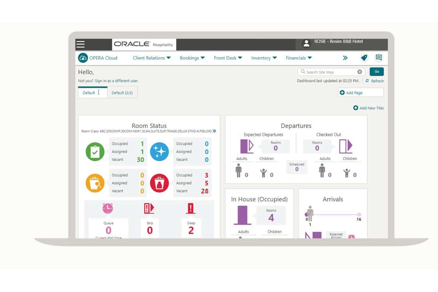 Oracle OPERA Cloud dashboard showing room status, departures, arrivals, and occupancy tiles.
