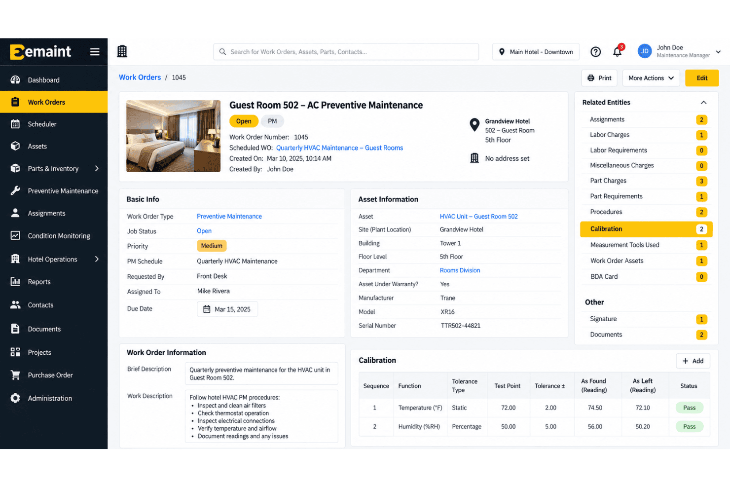 eMaint links work orders, preventive maintenance, assets, and IoT equipment data.