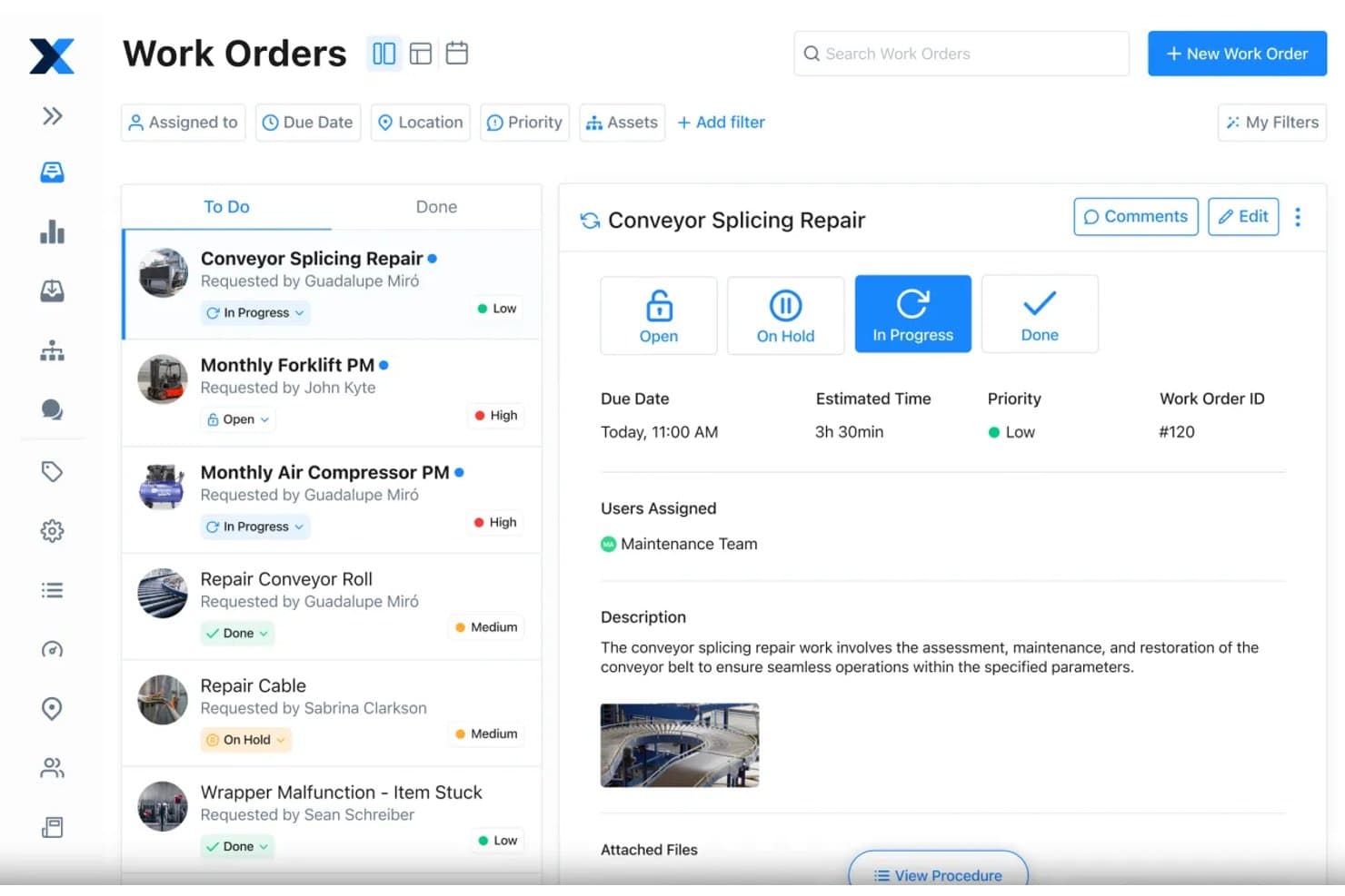 MaintainX work orders dashboard showing tasks list and repair order detail panel.