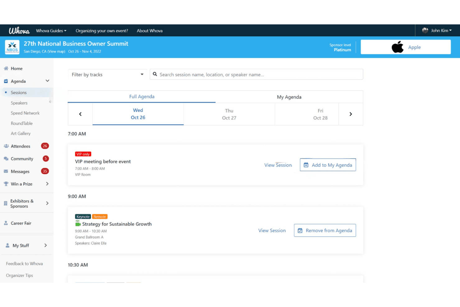 Whova sessions dashboard