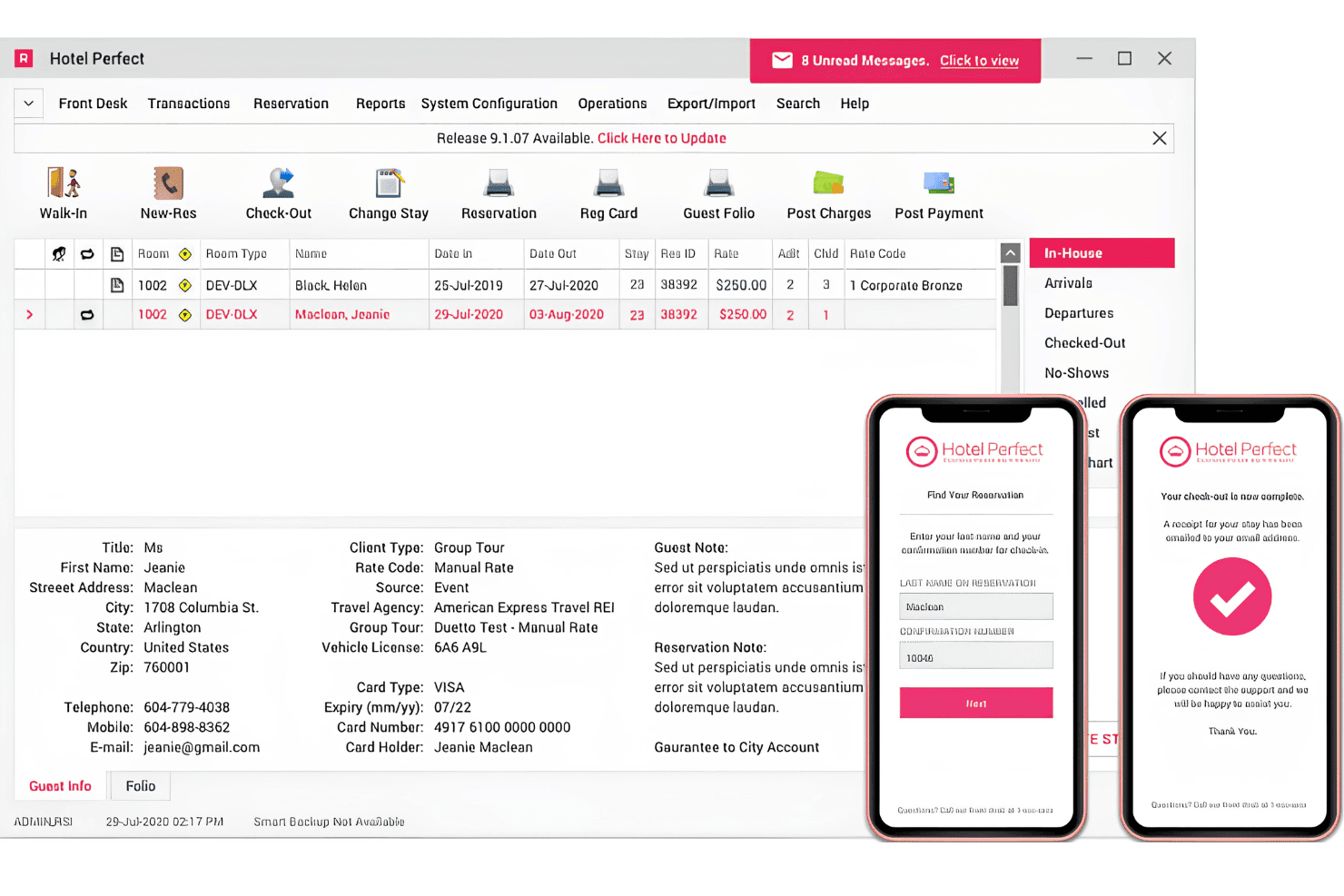 RoomKey PMS central dashboard for reservations, guests, billing, and ops.