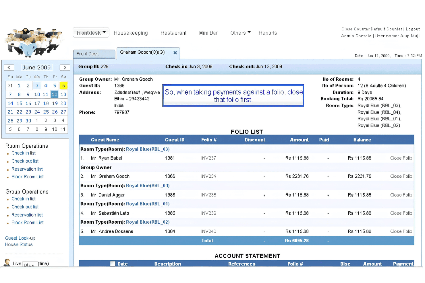 Hotelogix frontdesk tab