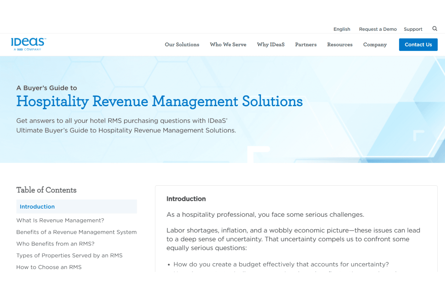 IDeaS website showing a Buyer's Guide to Hospitality Revenue Management Solutions