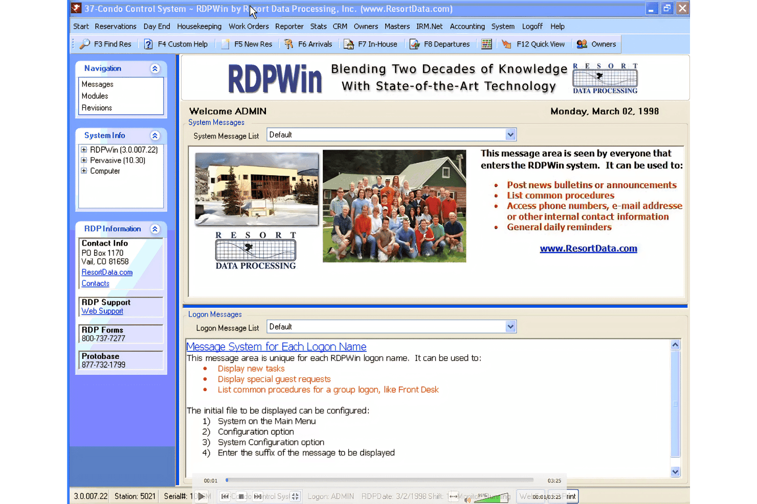 Resort Data centralizes messages, navigation, and system controls for users.
