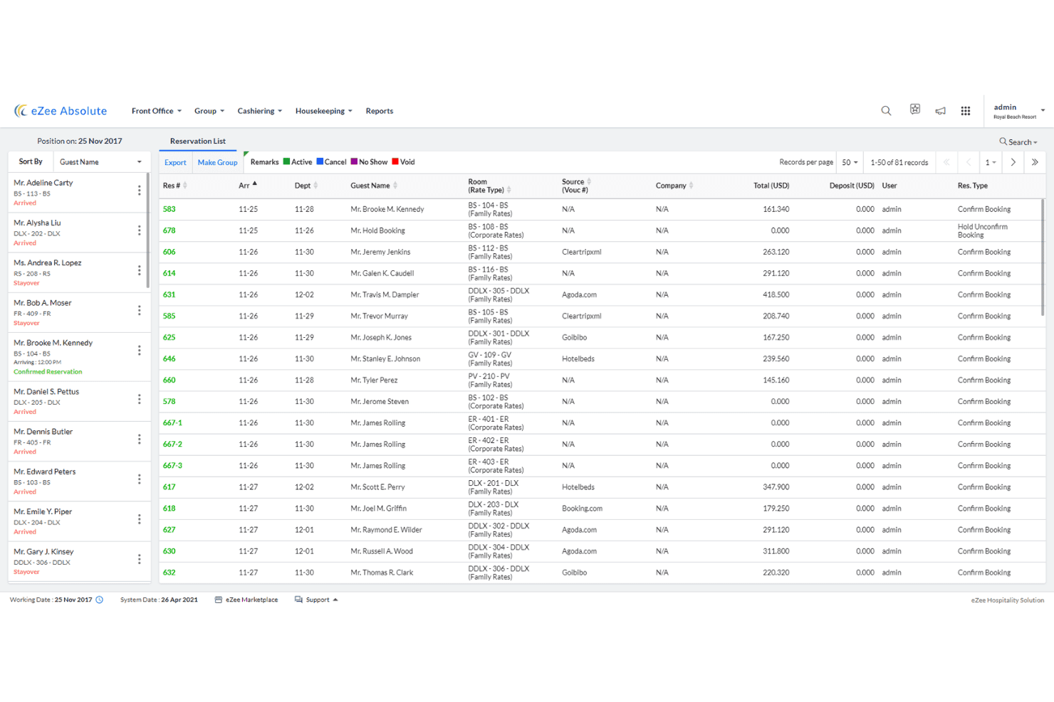 eZee Absolute reservations list