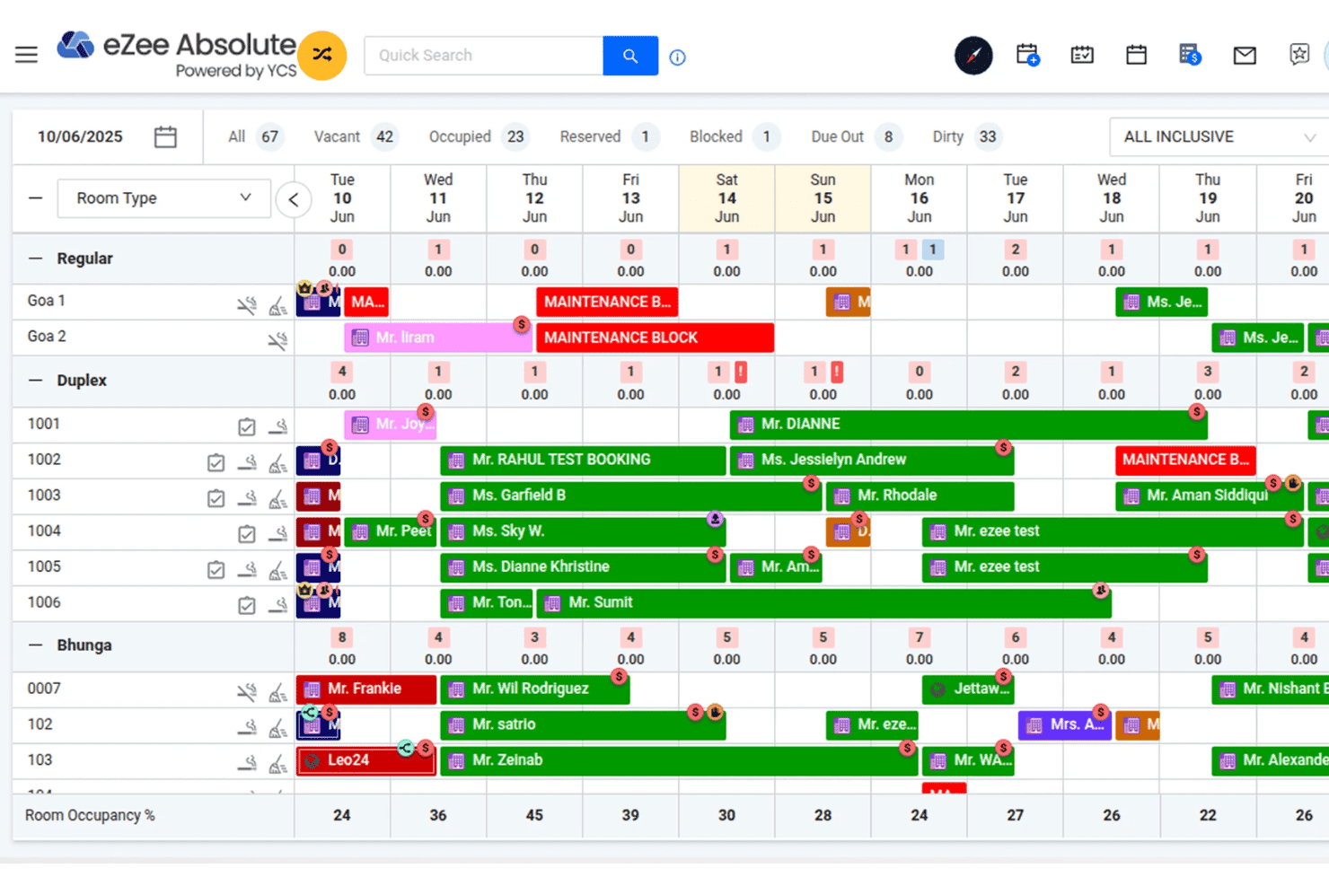 eZee Absolute provides a visual overview of room availability, reservations, and occupancy status for daily hotel operations.