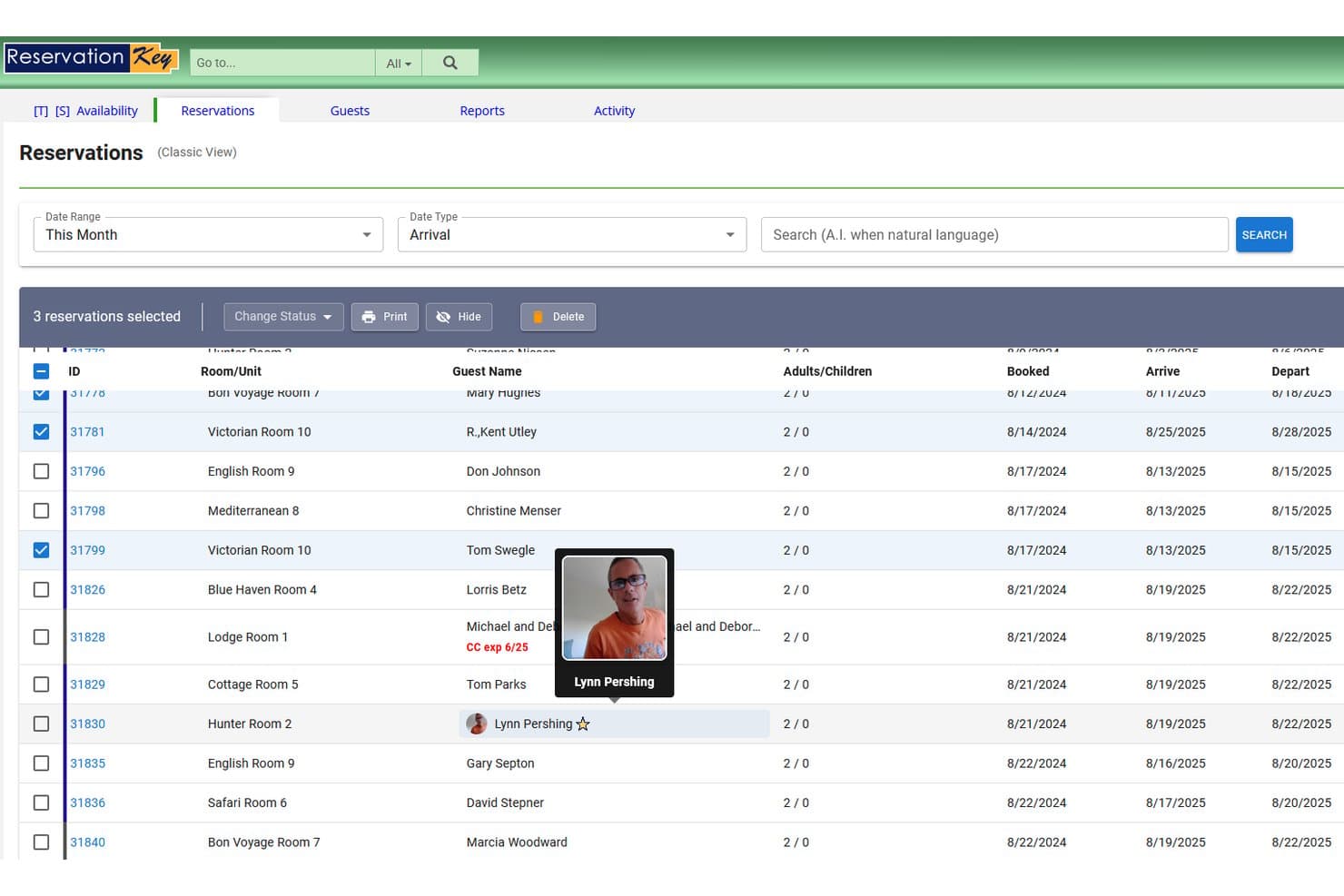 ReservationKey displays a classic reservations list view with guest details, room assignments, and arrival/departure dates.