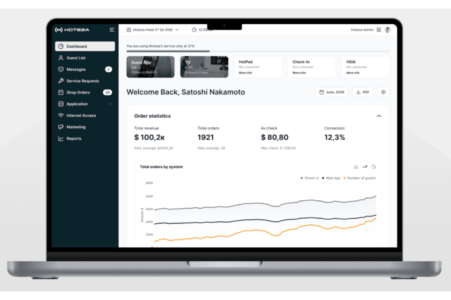 Hoteza delivers guest-facing hotel tech for in-room and mobile services.