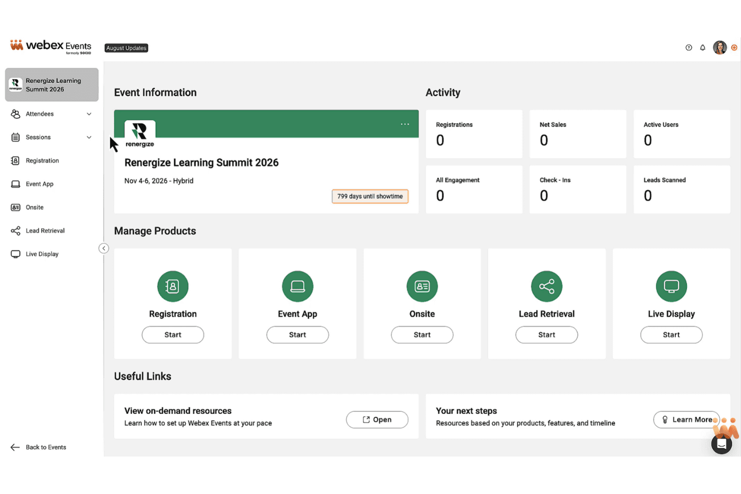 Webex Events dashboard