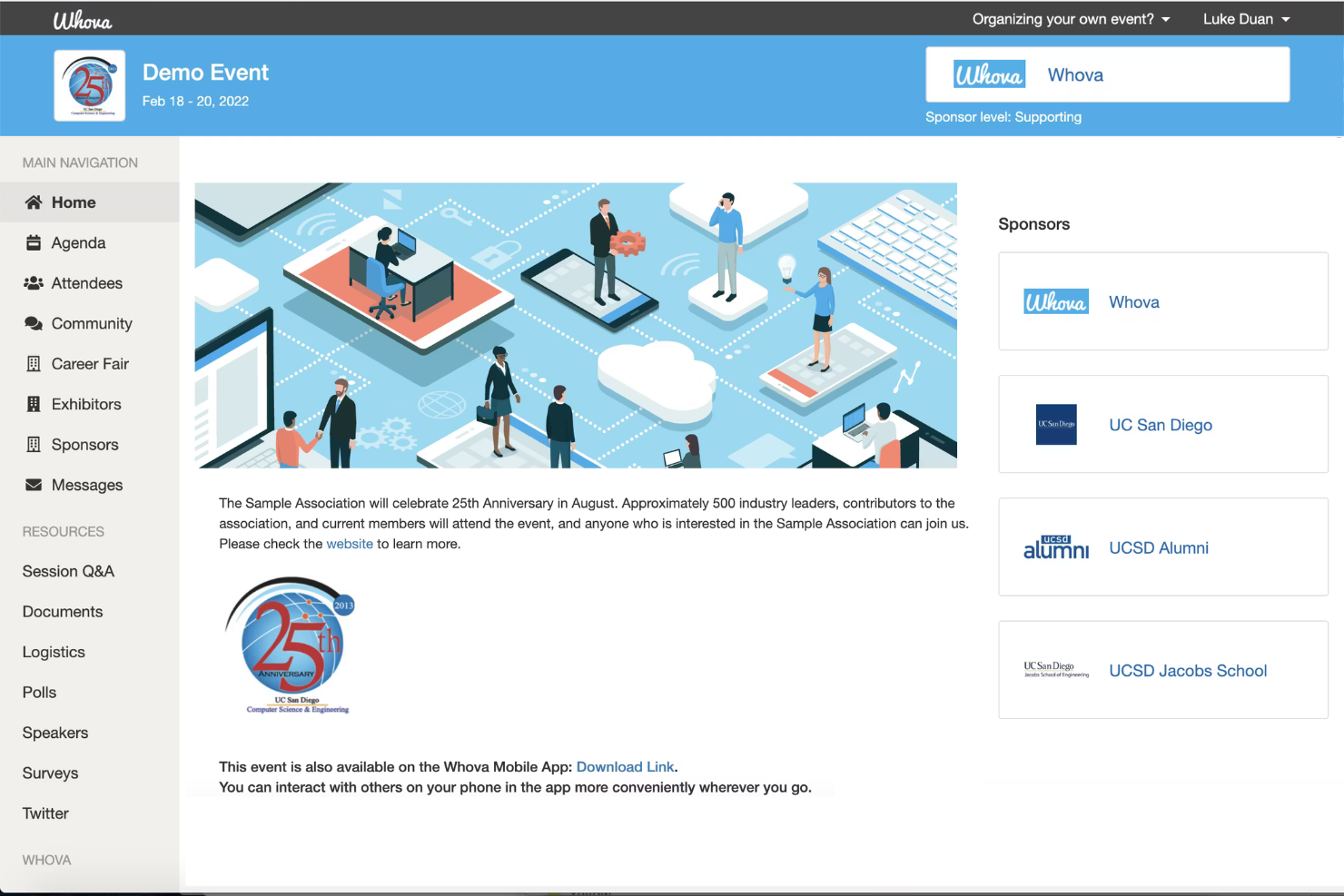 Whova runs branded events with agendas, sponsors, and attendee hubs.