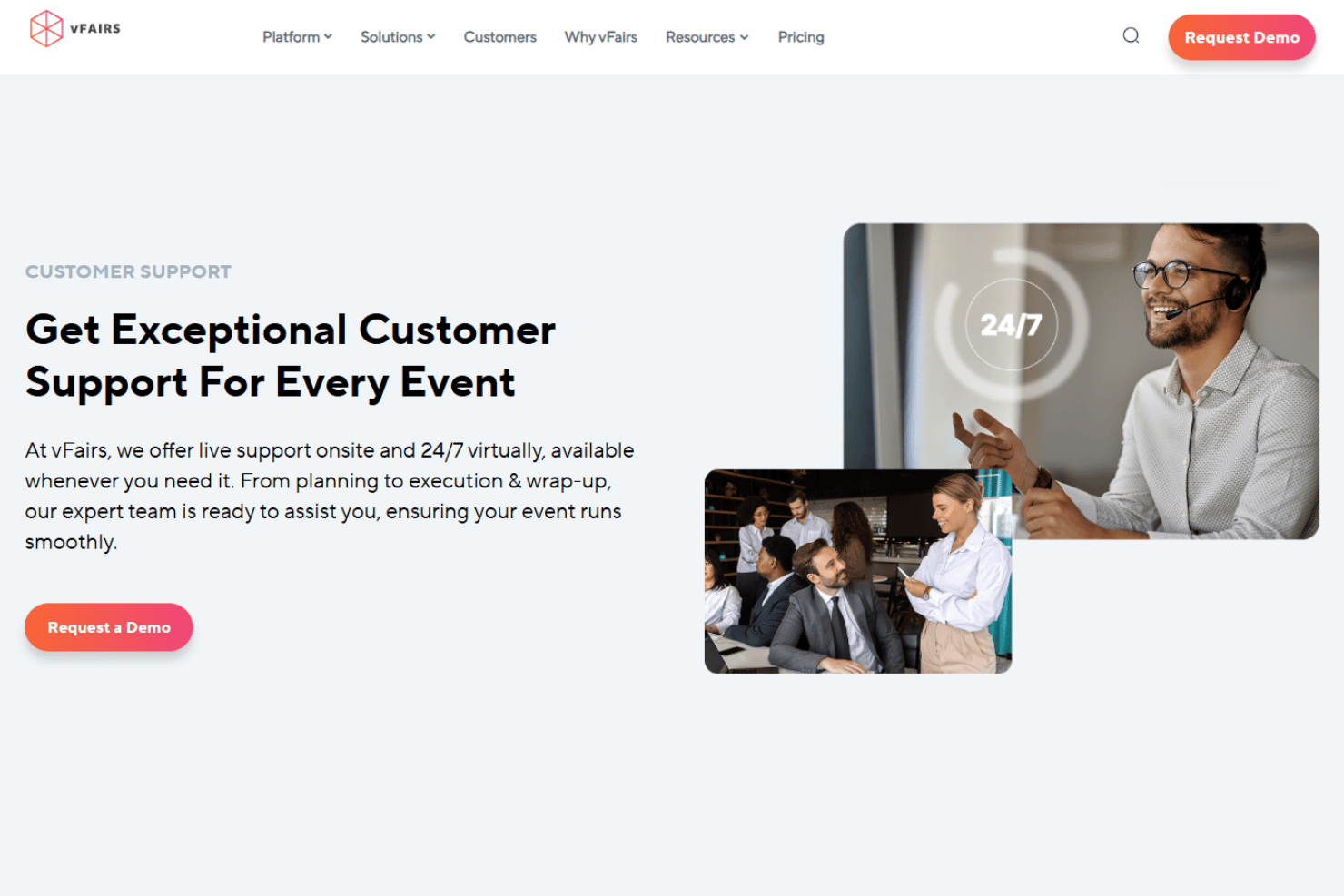 vFairs customer support page