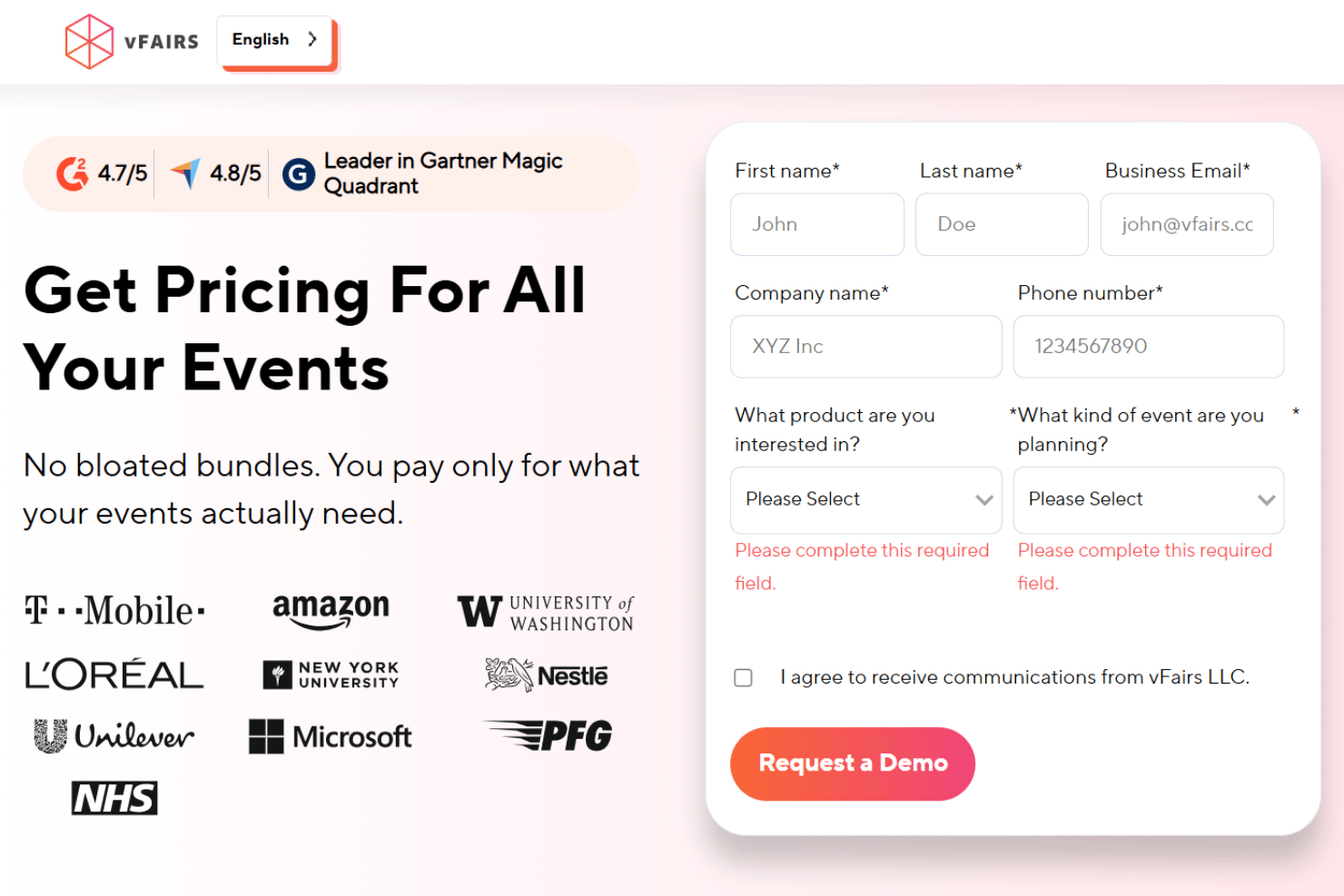 vFairs pricing page