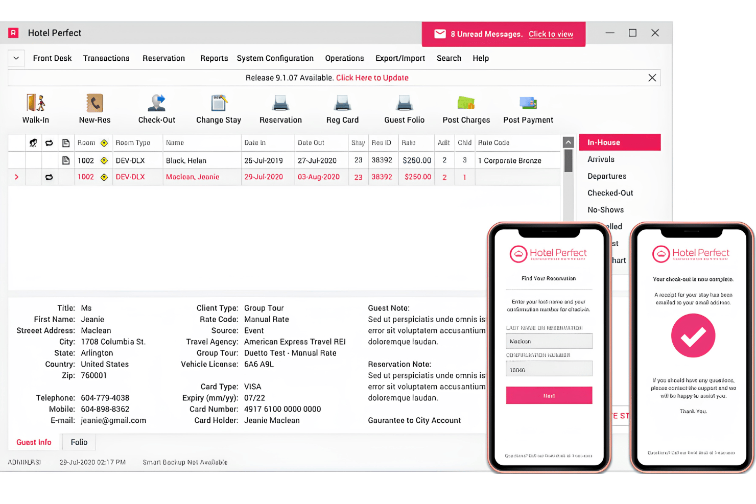 RoomKey PMS central dashboard for reservations, guests, billing, and ops.