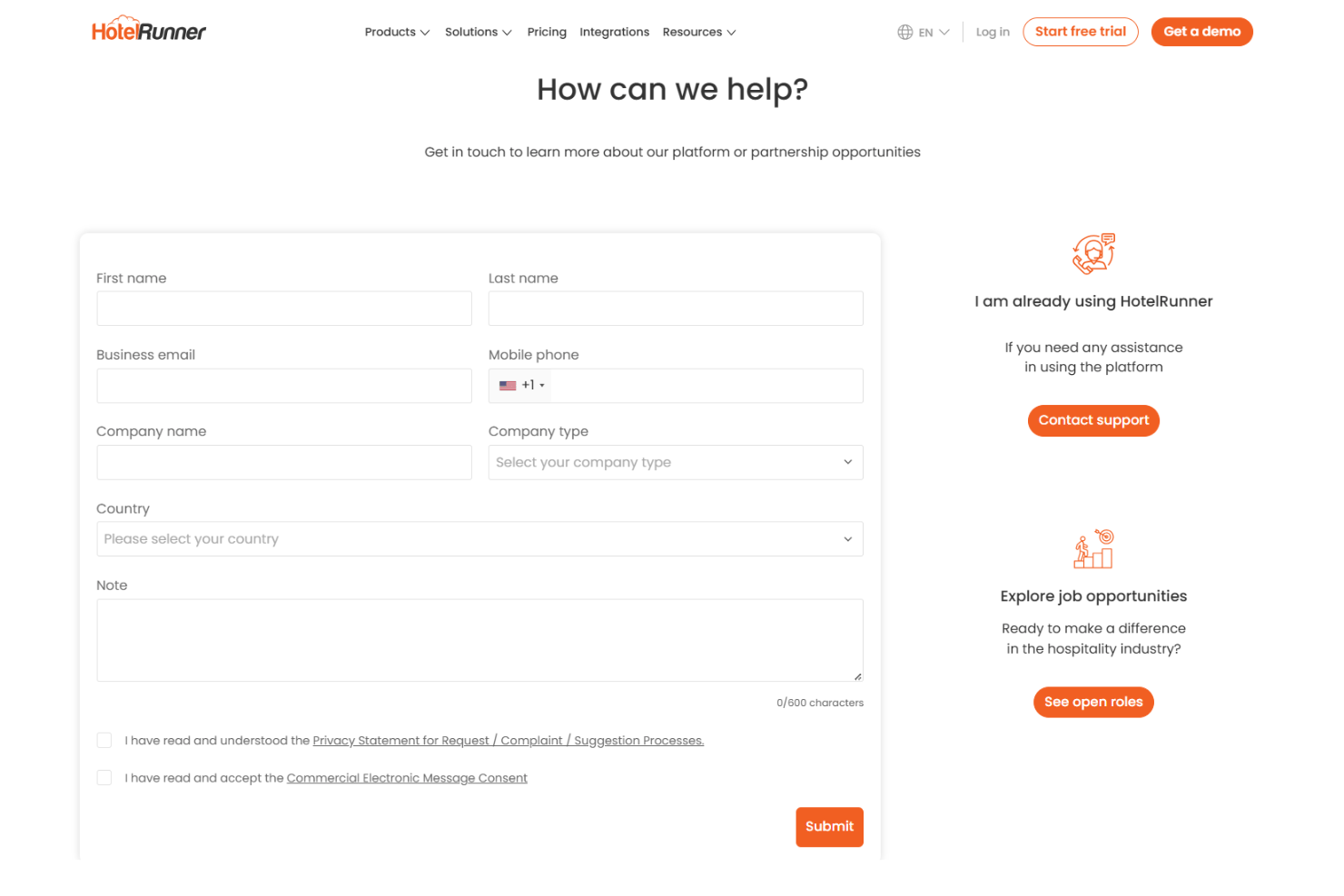 HotelRunner support page