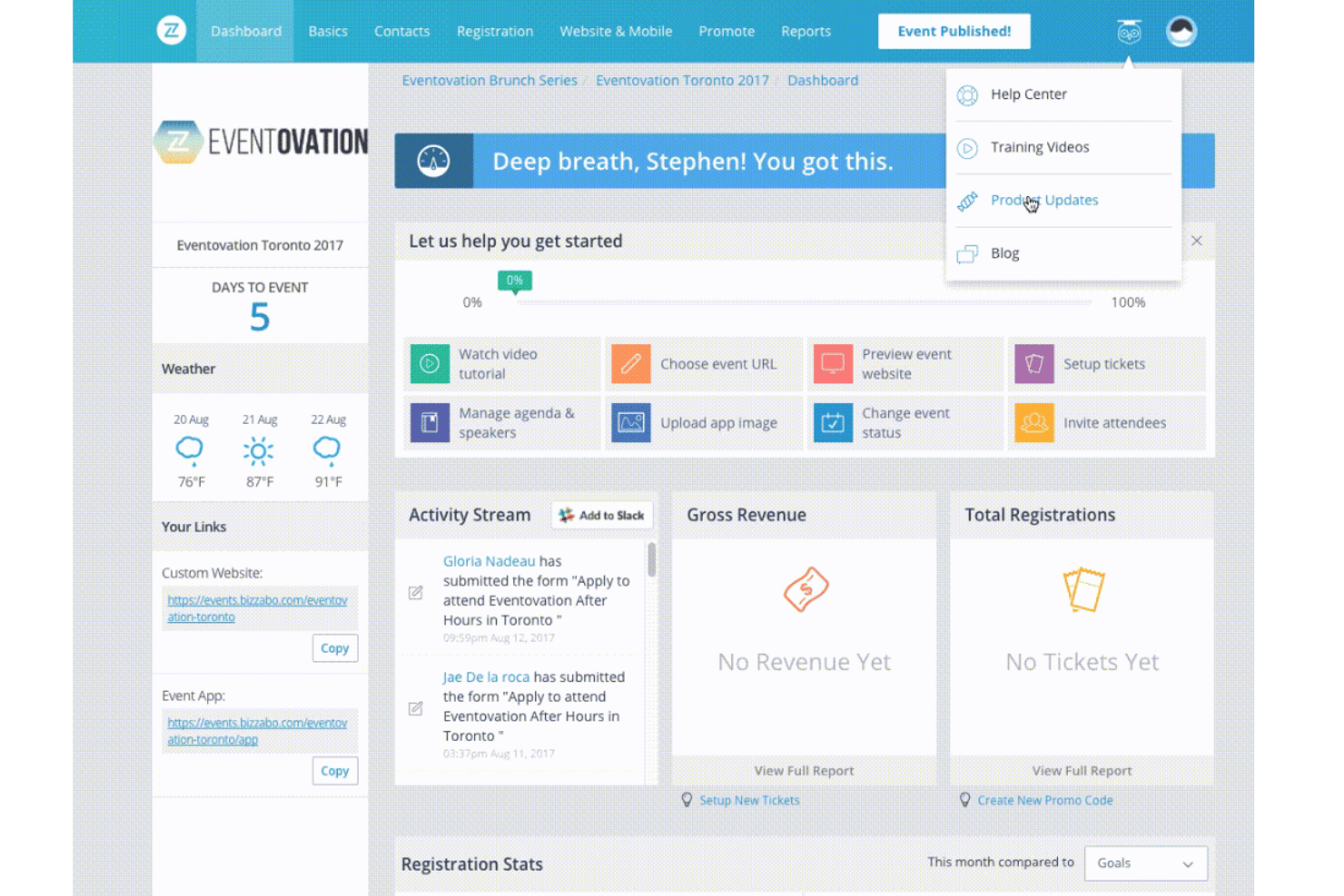 Bizzabo dashboard centralizes event setup, analytics, and management tools.