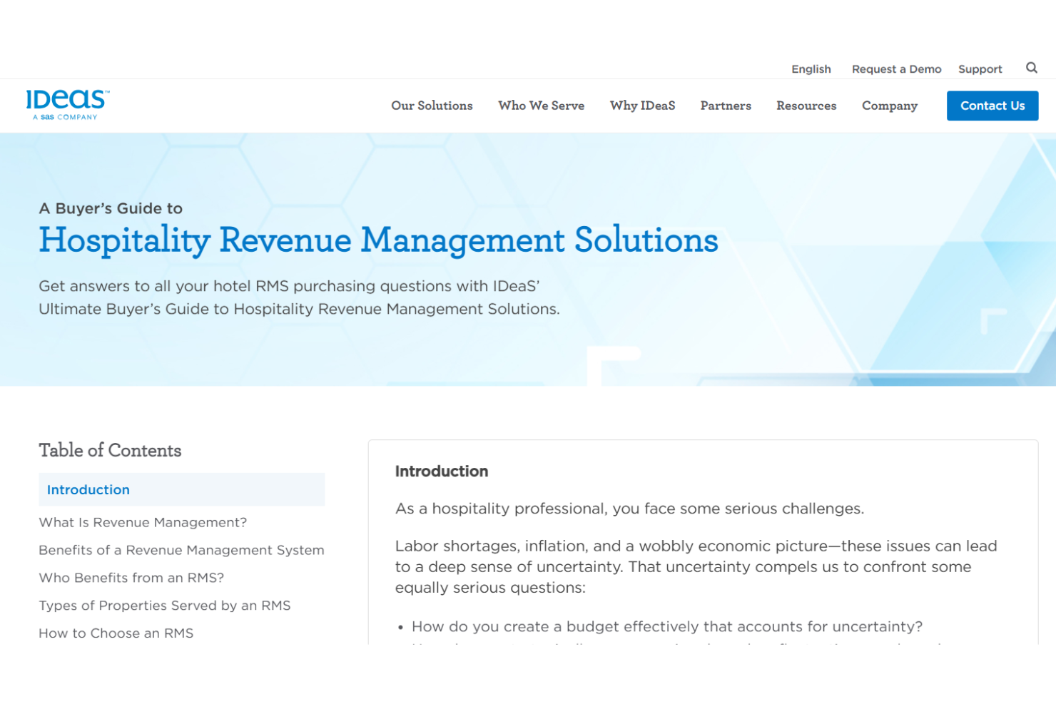 IDeaS website showing a Buyer's Guide to Hospitality Revenue Management Solutions