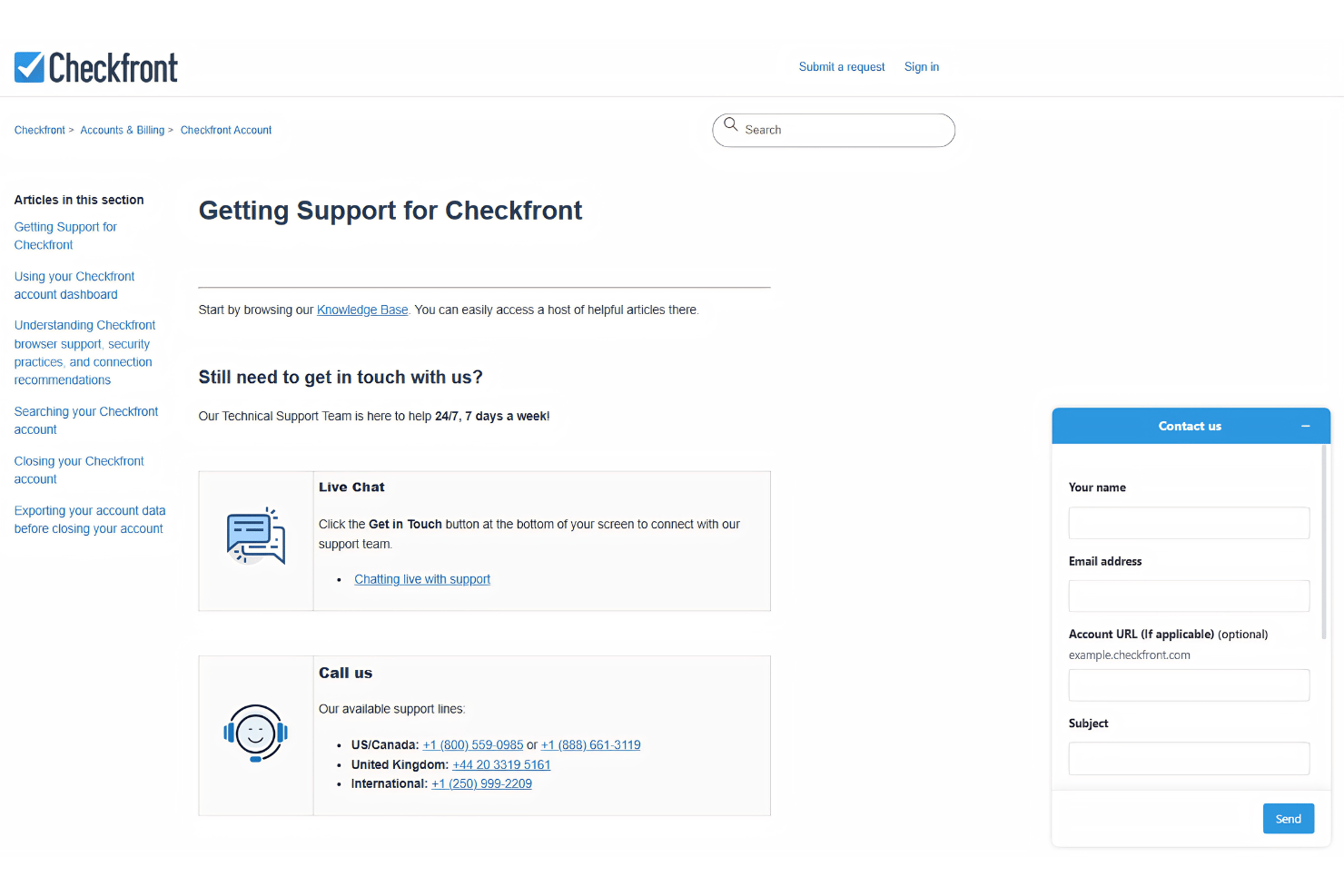 Checkfront support page